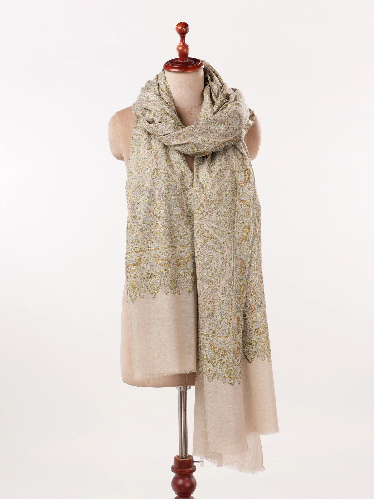 Natural Taupe Oversized Pashmina Shawl with Paisley Silk Embroidery