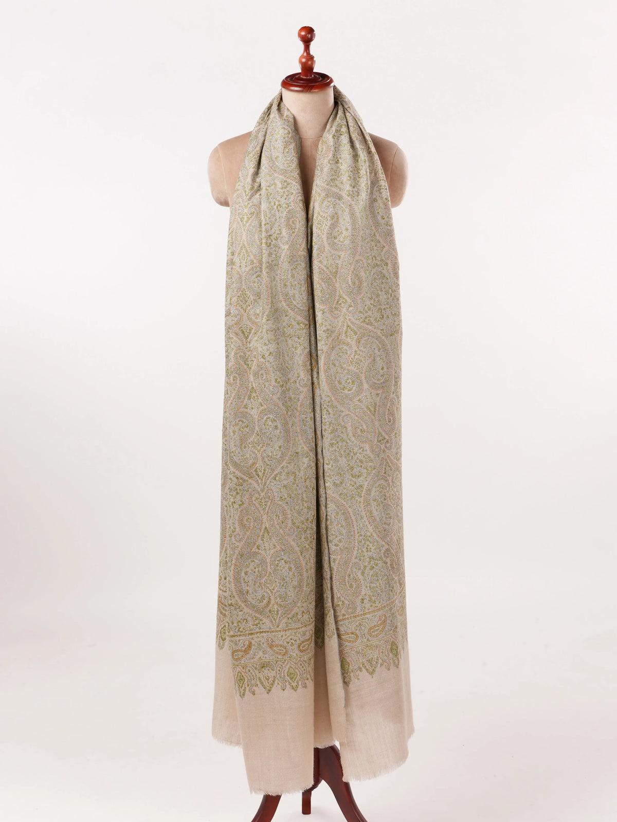 Natural Taupe Oversized Pashmina Shawl with Paisley Silk Embroidery