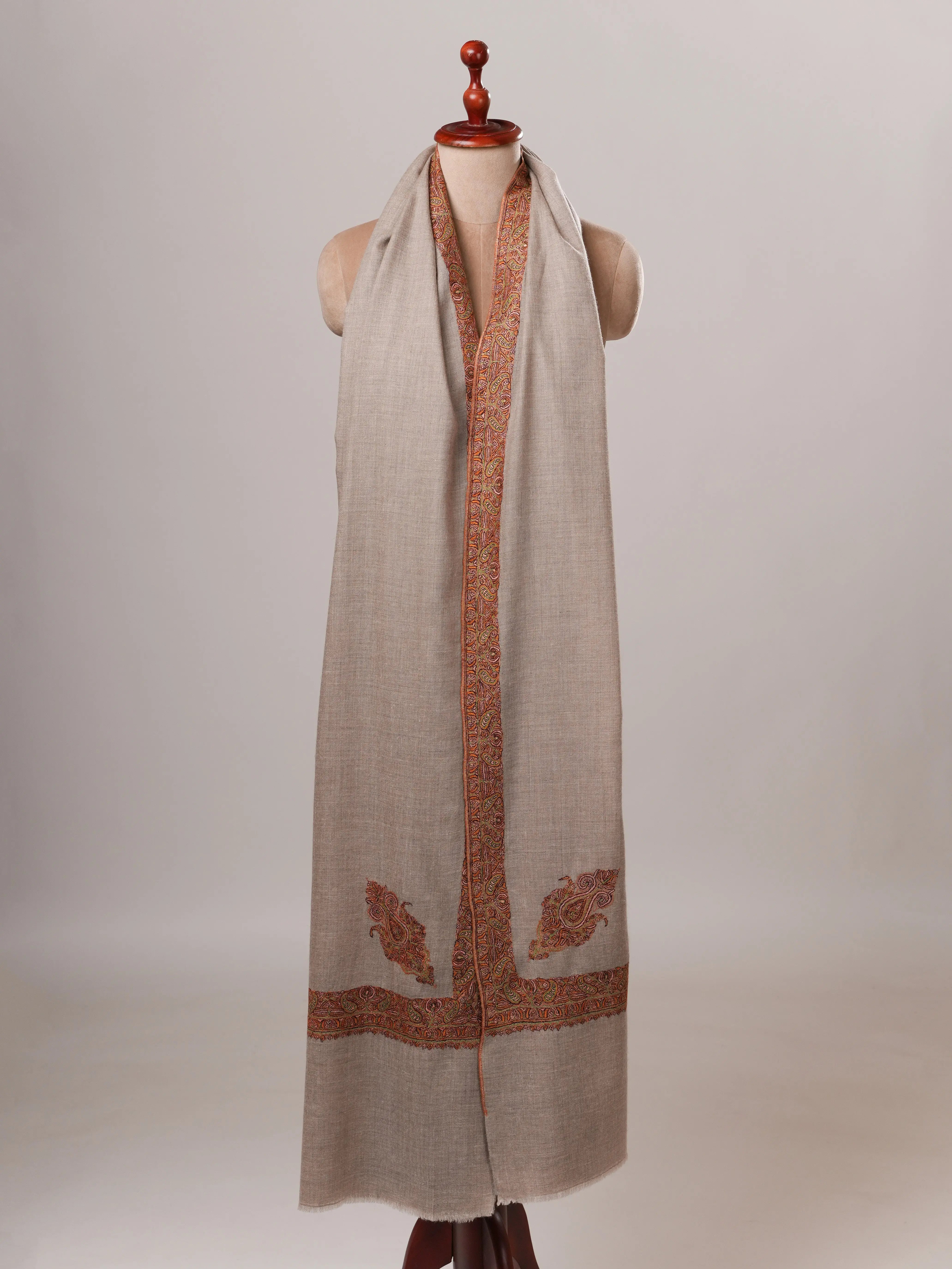 Hand Embroidered Daurdar Oversized Natural Pure Pashmina Shawl Shahkaar Global