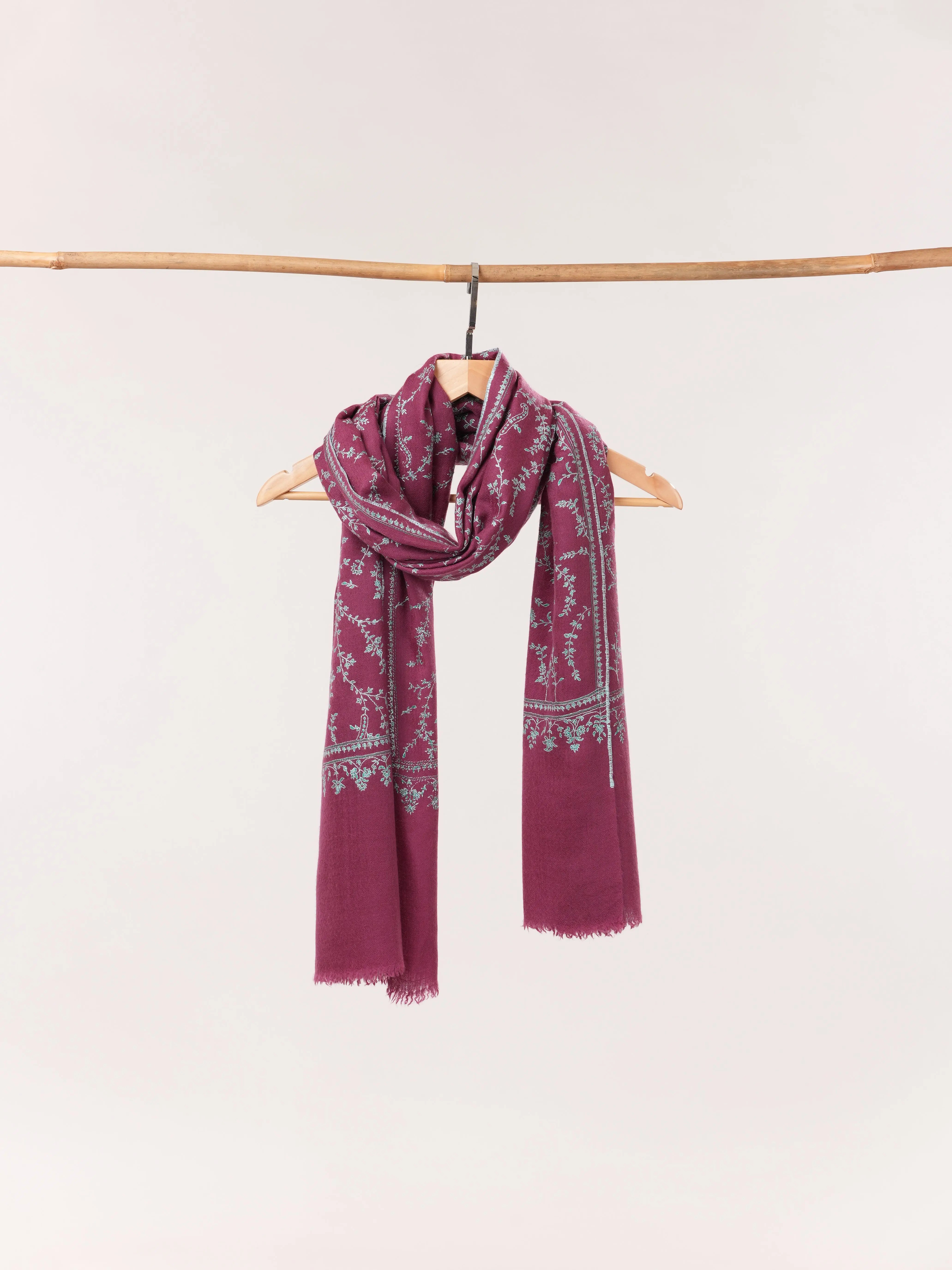 Tyrian Purple Cashmere Scarf with Hand Embroidered Jali Shahkaar.com