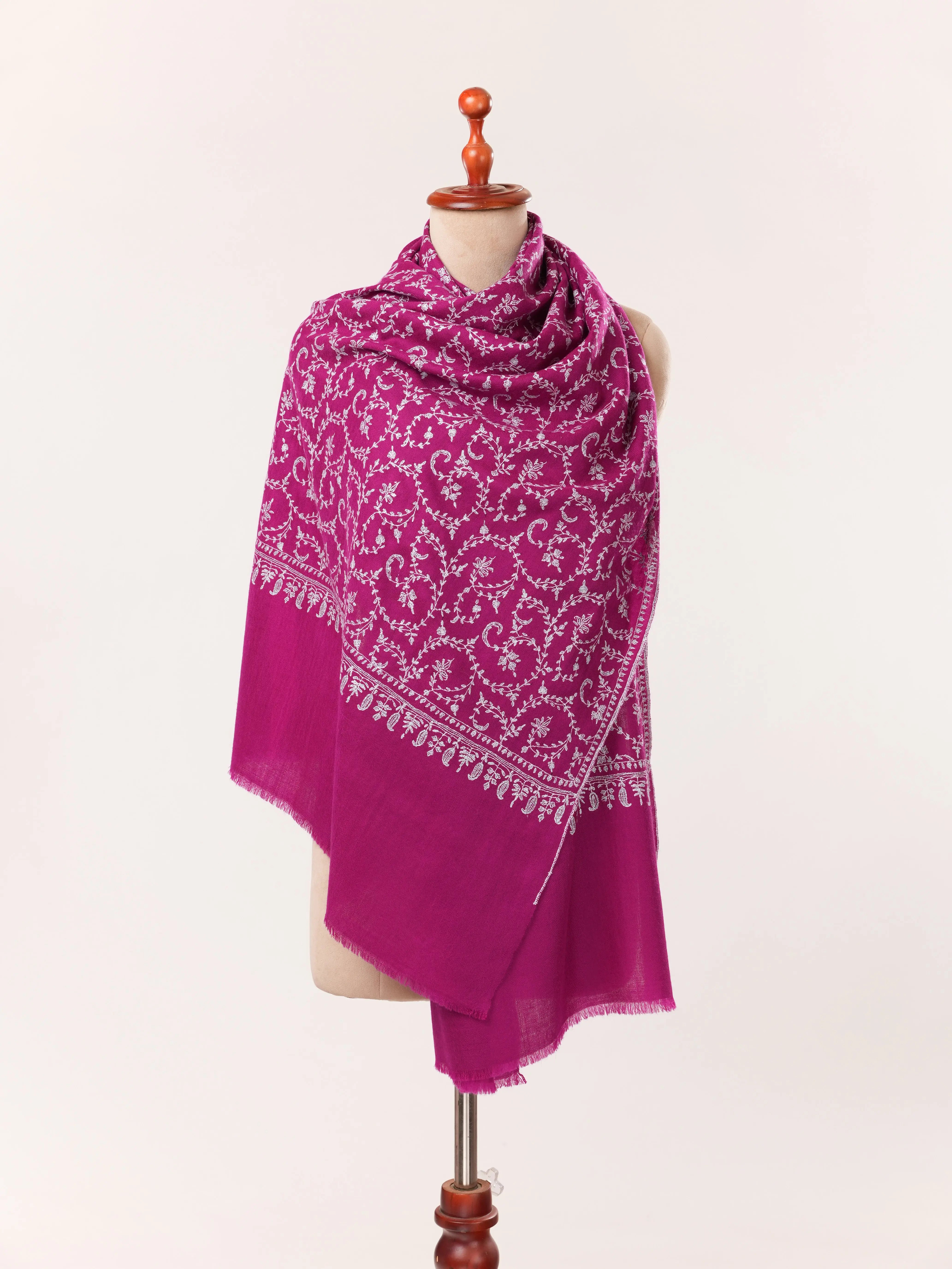 Purple Authentic Handwoven Cashmere Scarf featuring Jali Sozni Embroidery Shahkaar.com