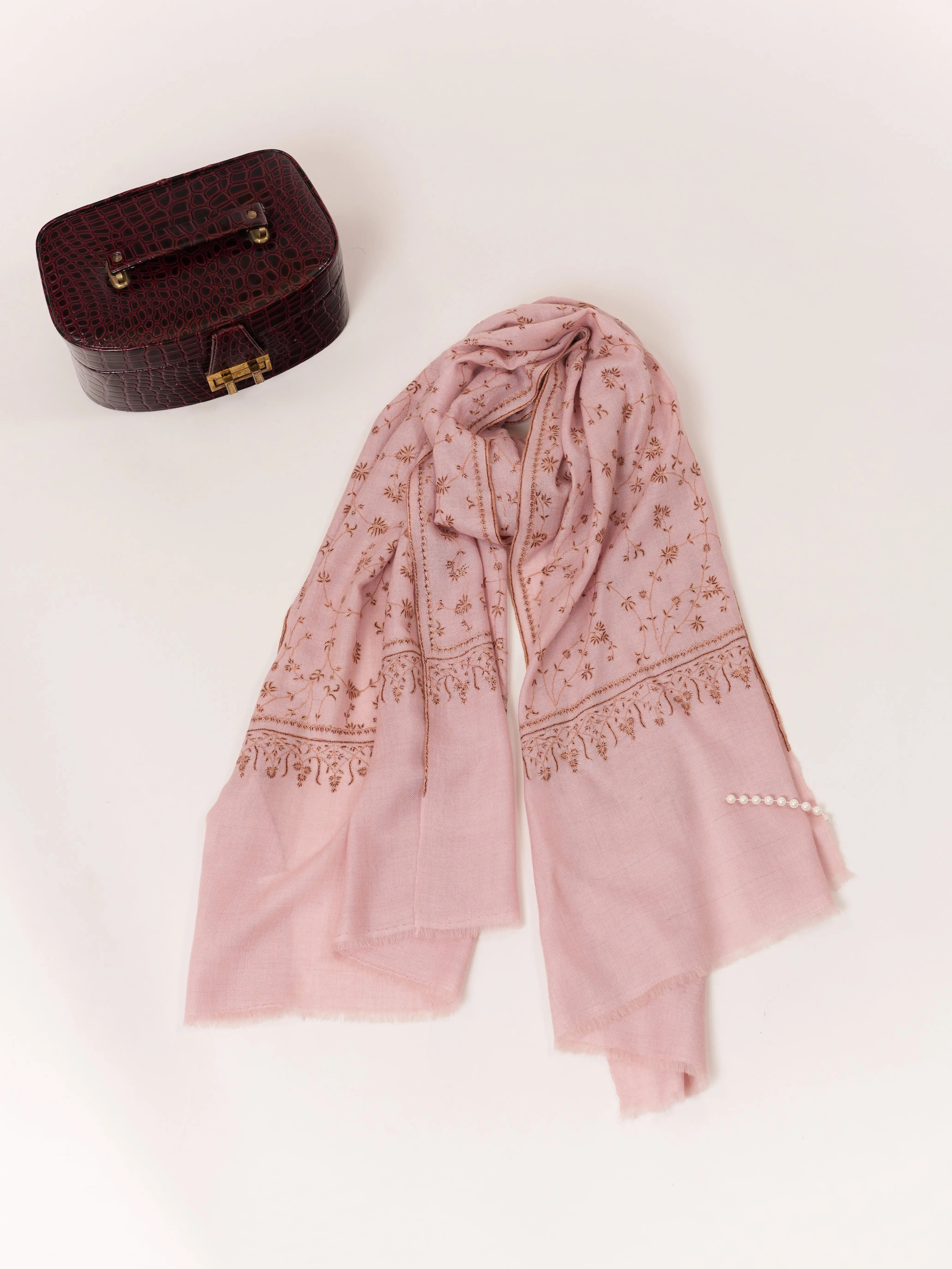 Baby Pink Cashmere Scarf with All Over Jali Hand Embroidery Shahkaar.com