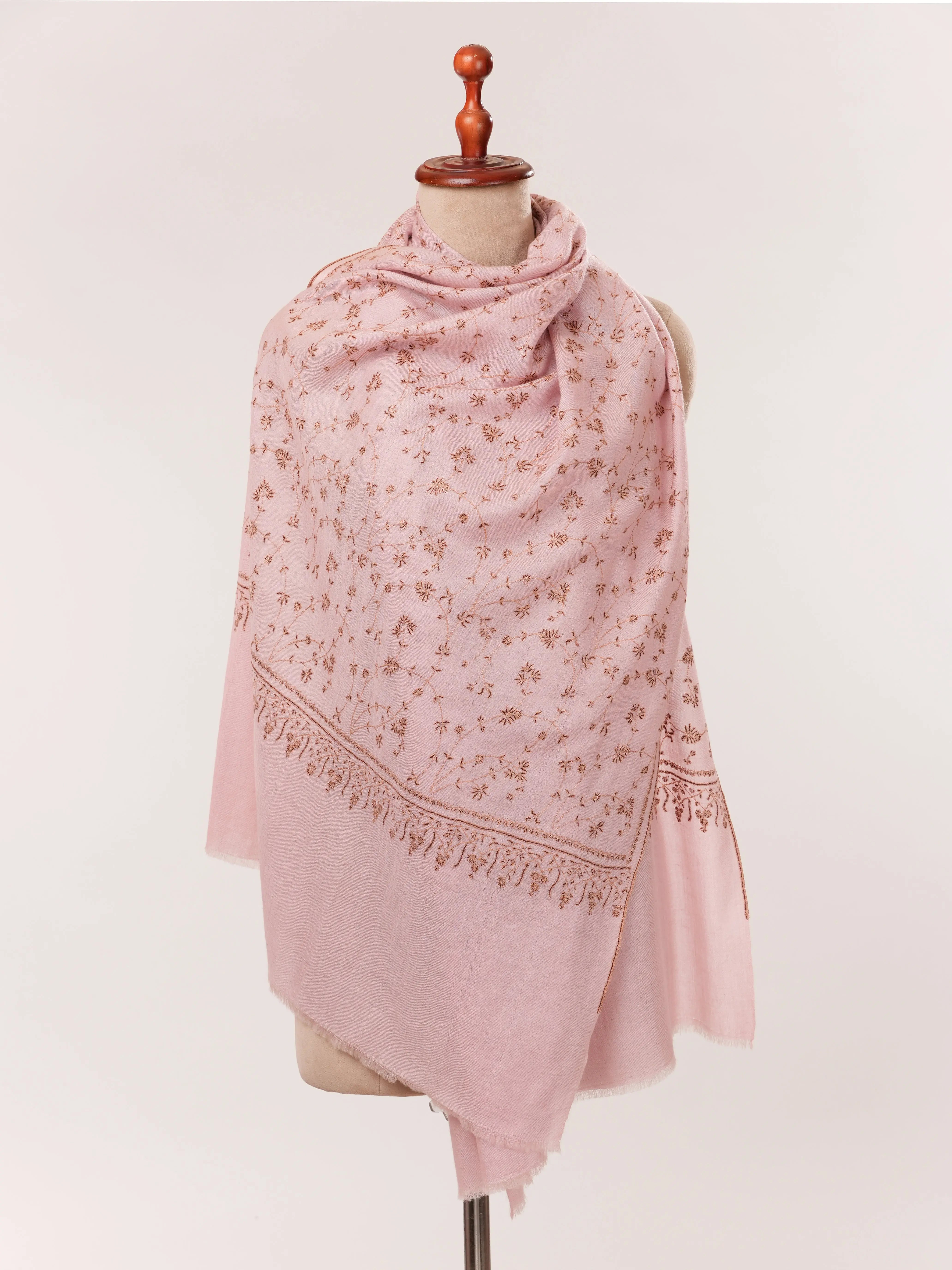 Baby Pink Cashmere Scarf with All Over Jali Hand Embroidery Shahkaar.com
