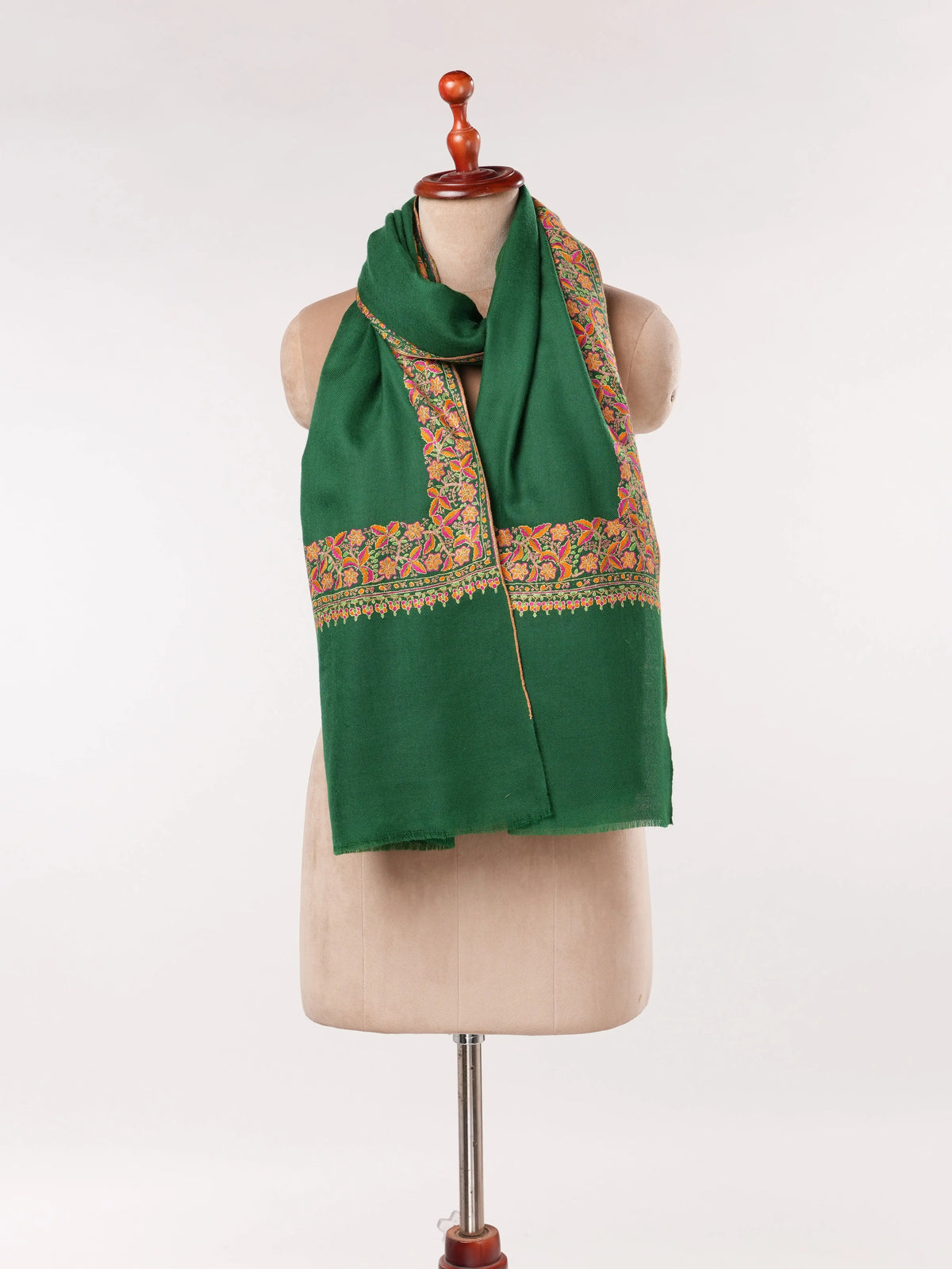 Handwoven Kashmiri Shawl with Daurdar Embroidery on Emerald Green Pashmina Shahkaar.com