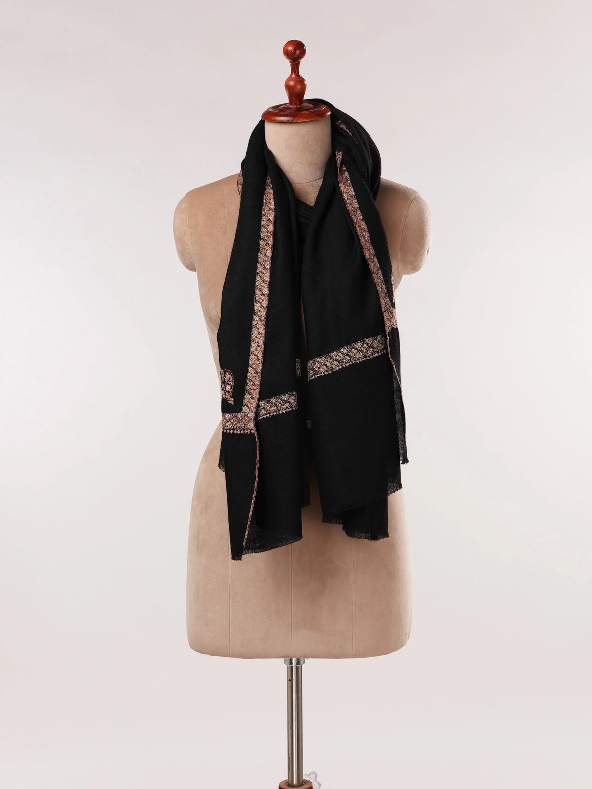 Black Handwoven Cashmere Scarf with Hashia Sozni Embroidery Shahkaar.com