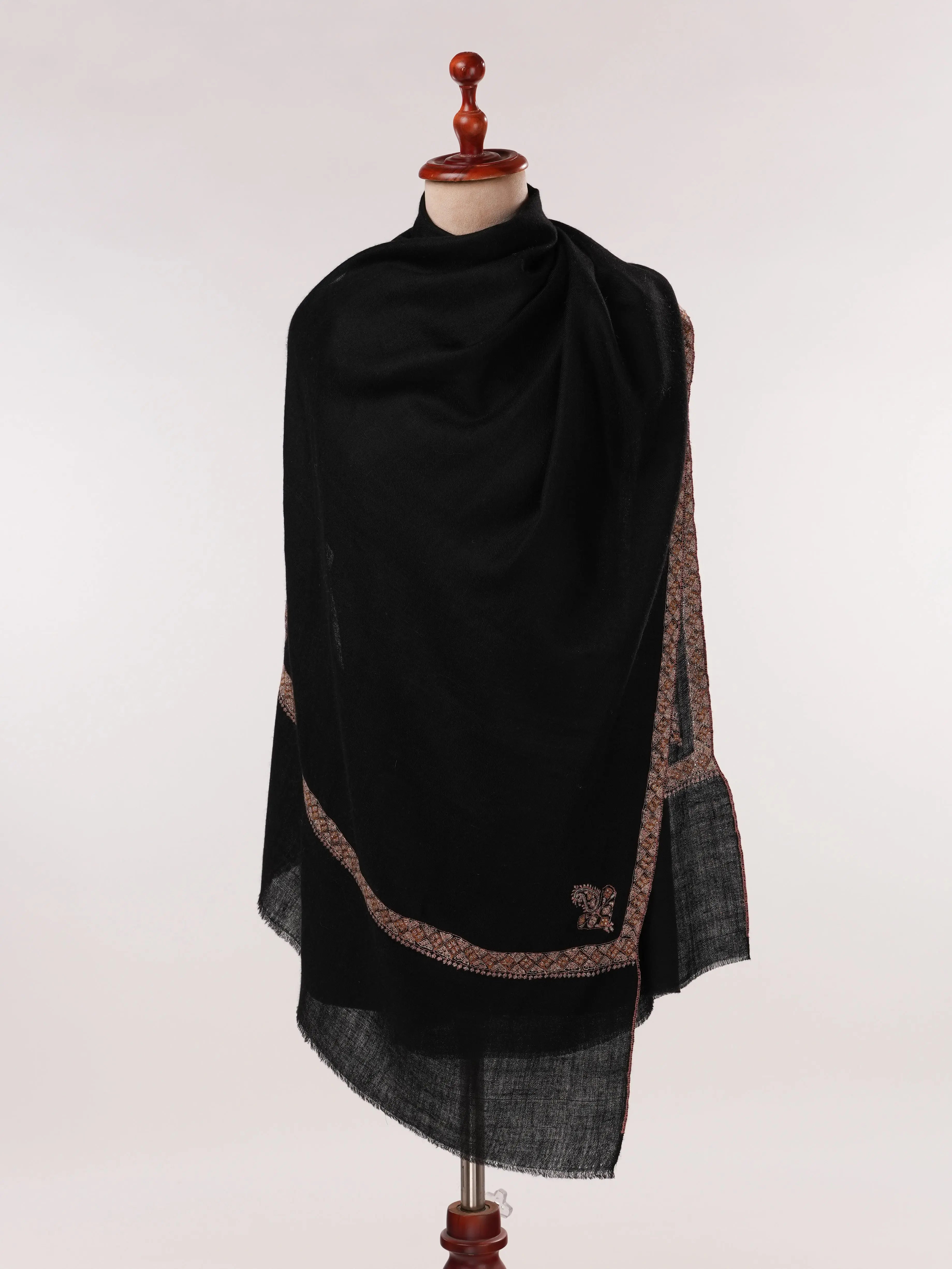 Black Handwoven Cashmere Scarf with Hashia Sozni Embroidery Shahkaar.com