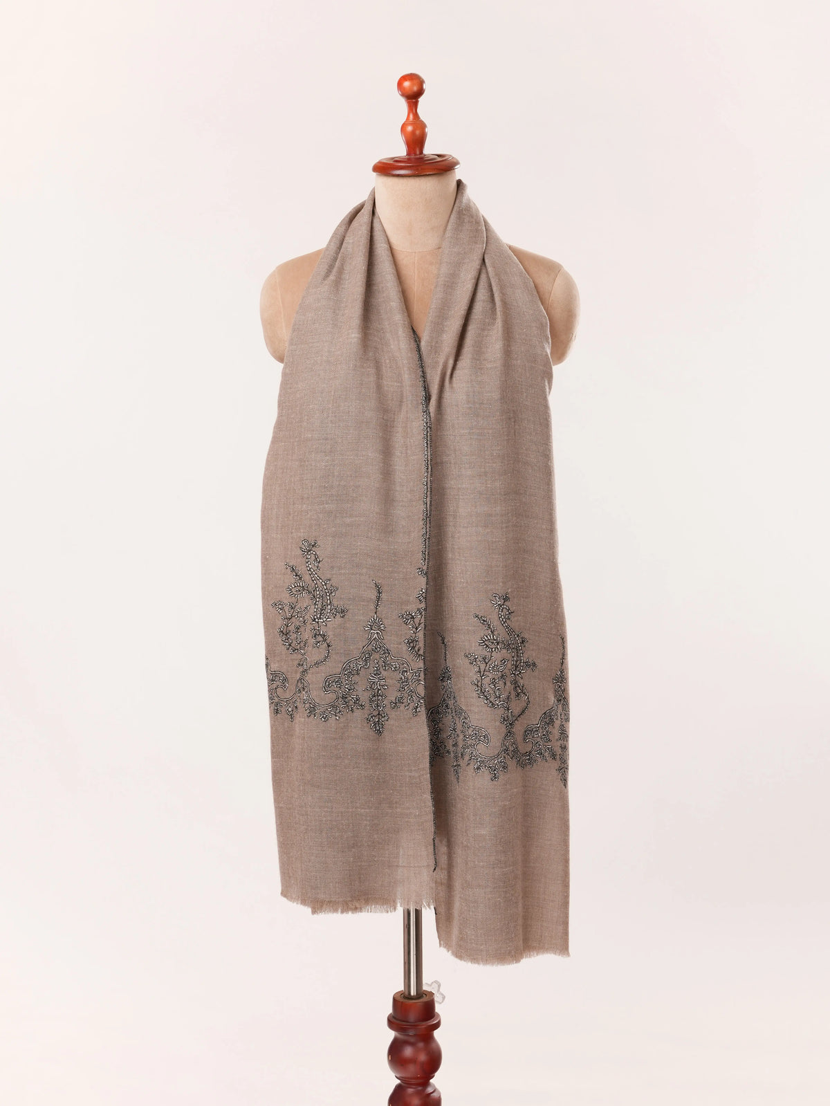 Natural Dark Taupe Kashmiri Cashmere Scarf with Palldar Sozni Embroidery Shahkaar.com