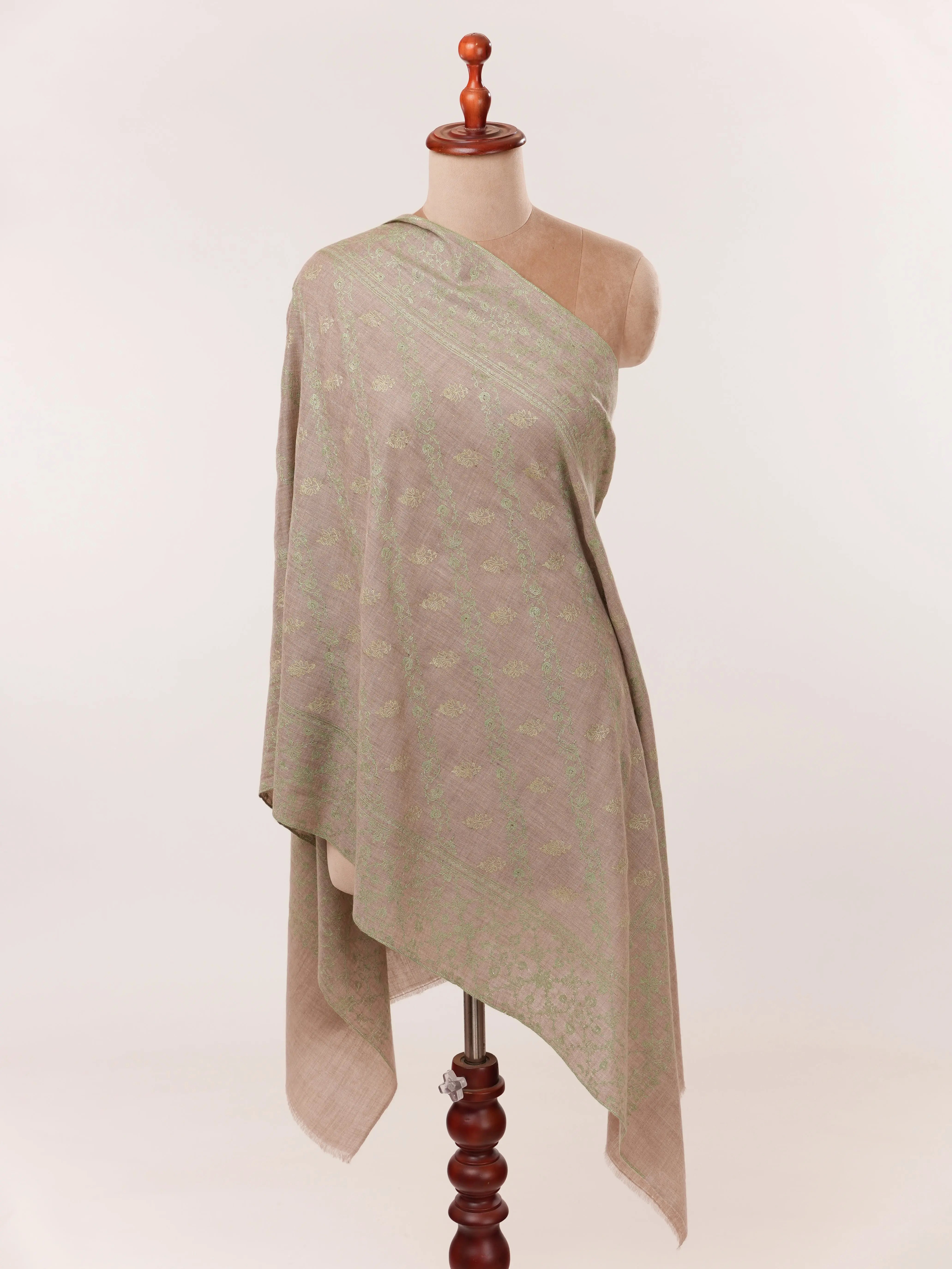 Natural Taupe Cashmere Scarf with Green Hand Embroidery Shahkaar.com