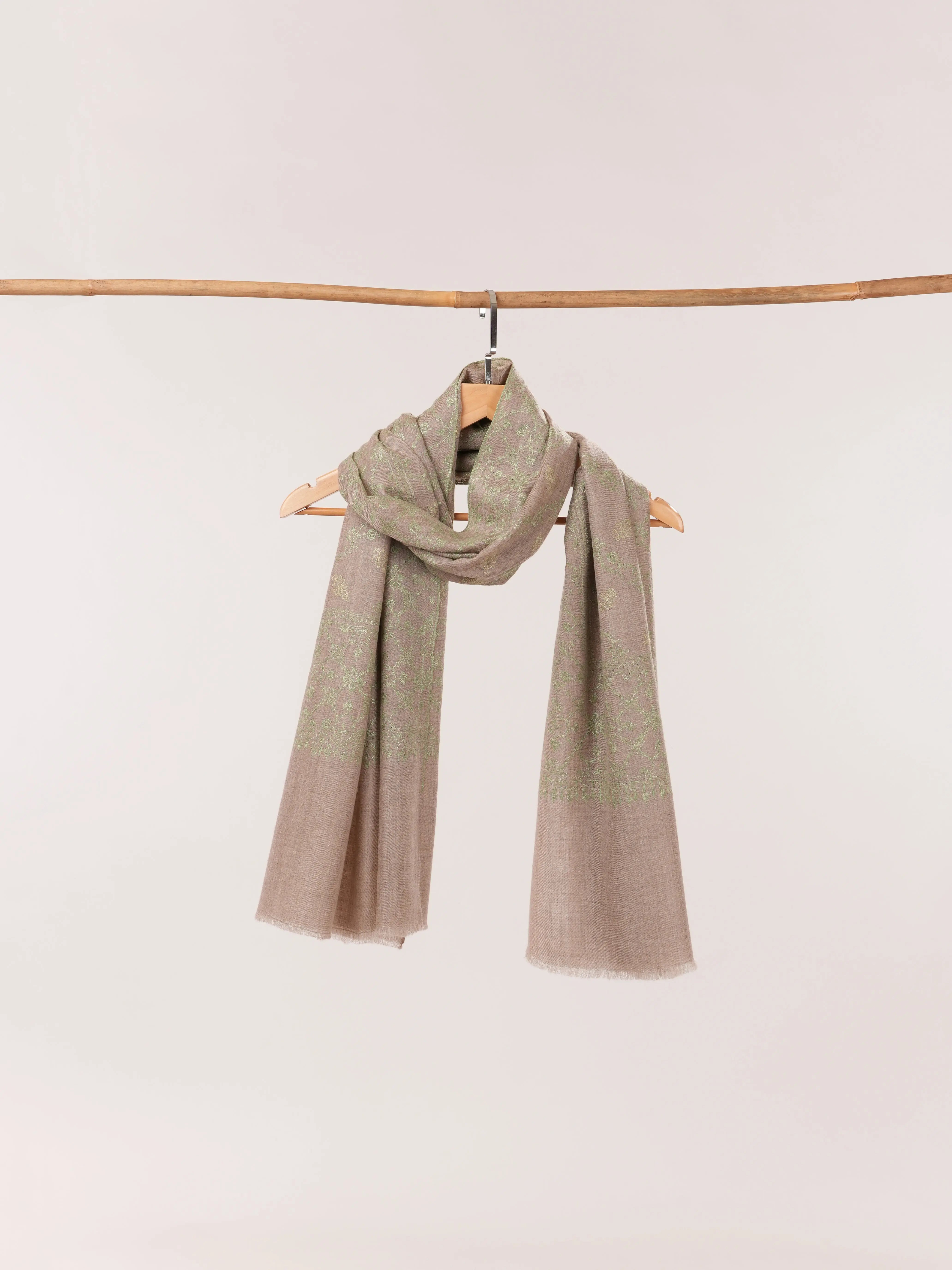 Natural Taupe Cashmere Scarf with Green Hand Embroidery Shahkaar.com