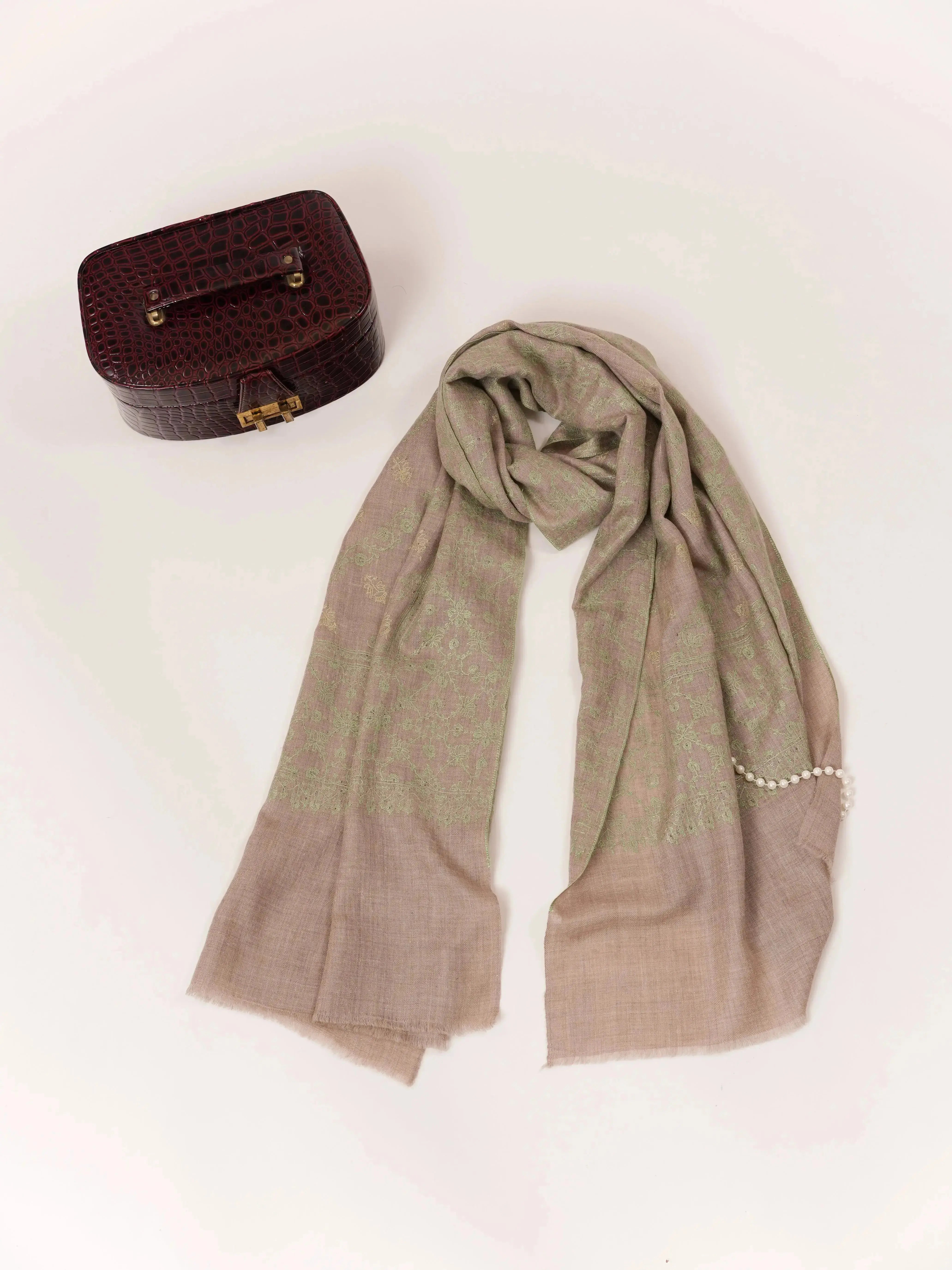 Natural Taupe Cashmere Scarf with Green Hand Embroidery Shahkaar.com