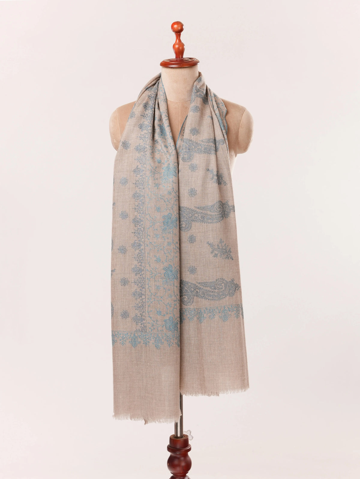 Natural Taupe Handwoven Cashmere Scarf with All over Hand Embroidery Shahkaar.com