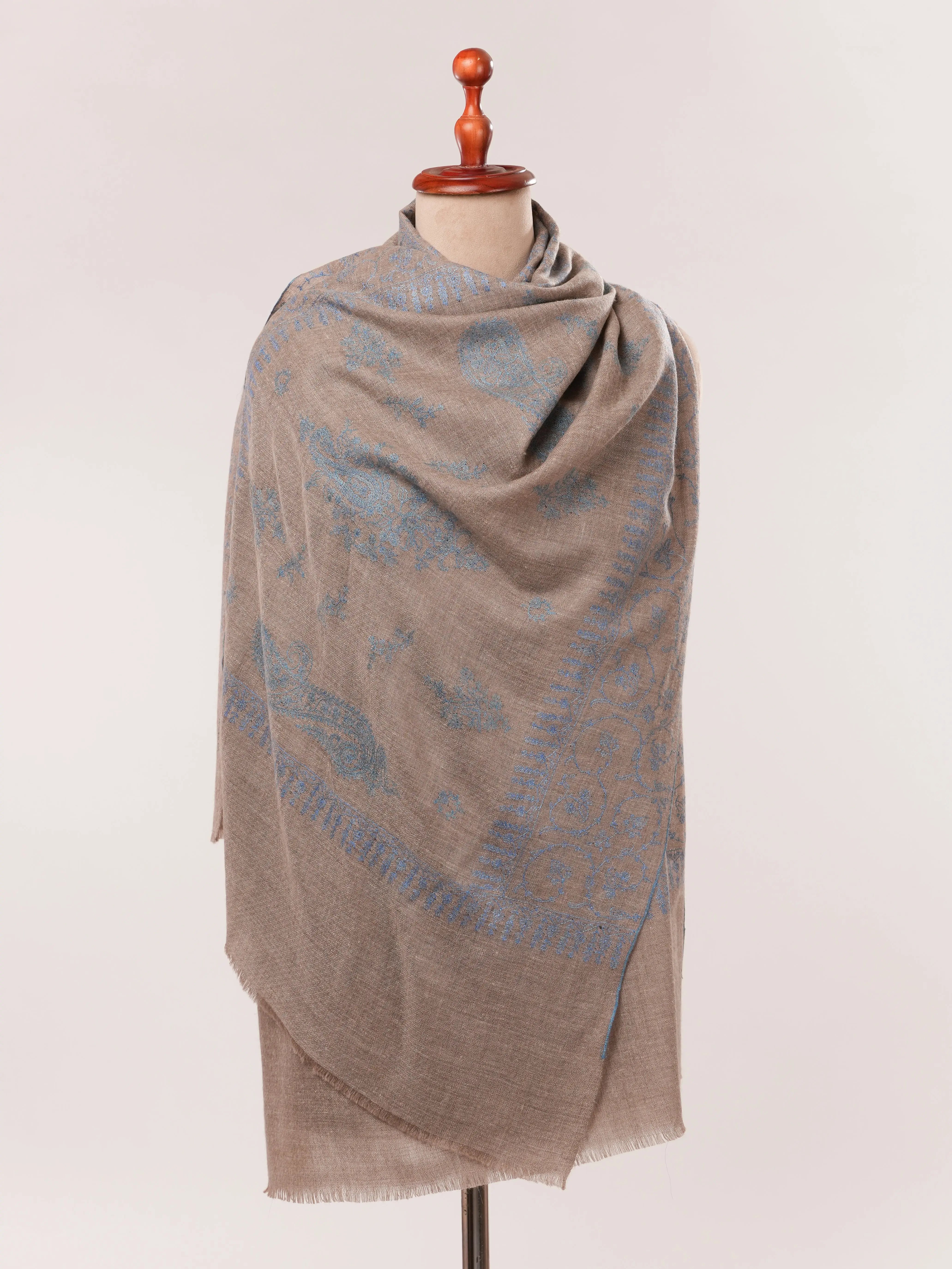 Natural Taupe Cashmere Scarf with Blue Jali Hand Embroidery Shahkaar.com