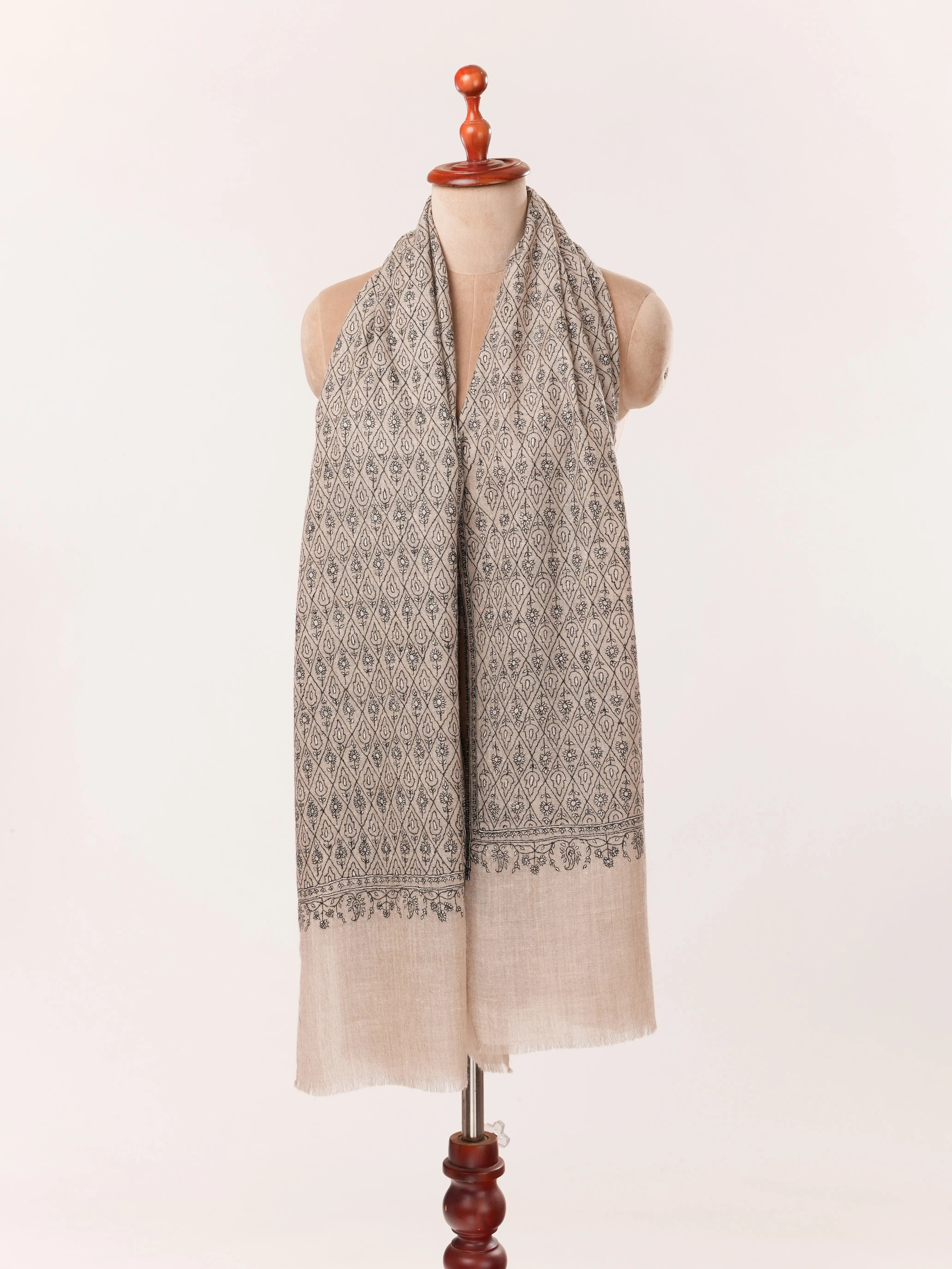 Handwoven Kashmiri Natural Taupe Scarf with Paisley Buteh Sozni Embroidery Shahkaar.com