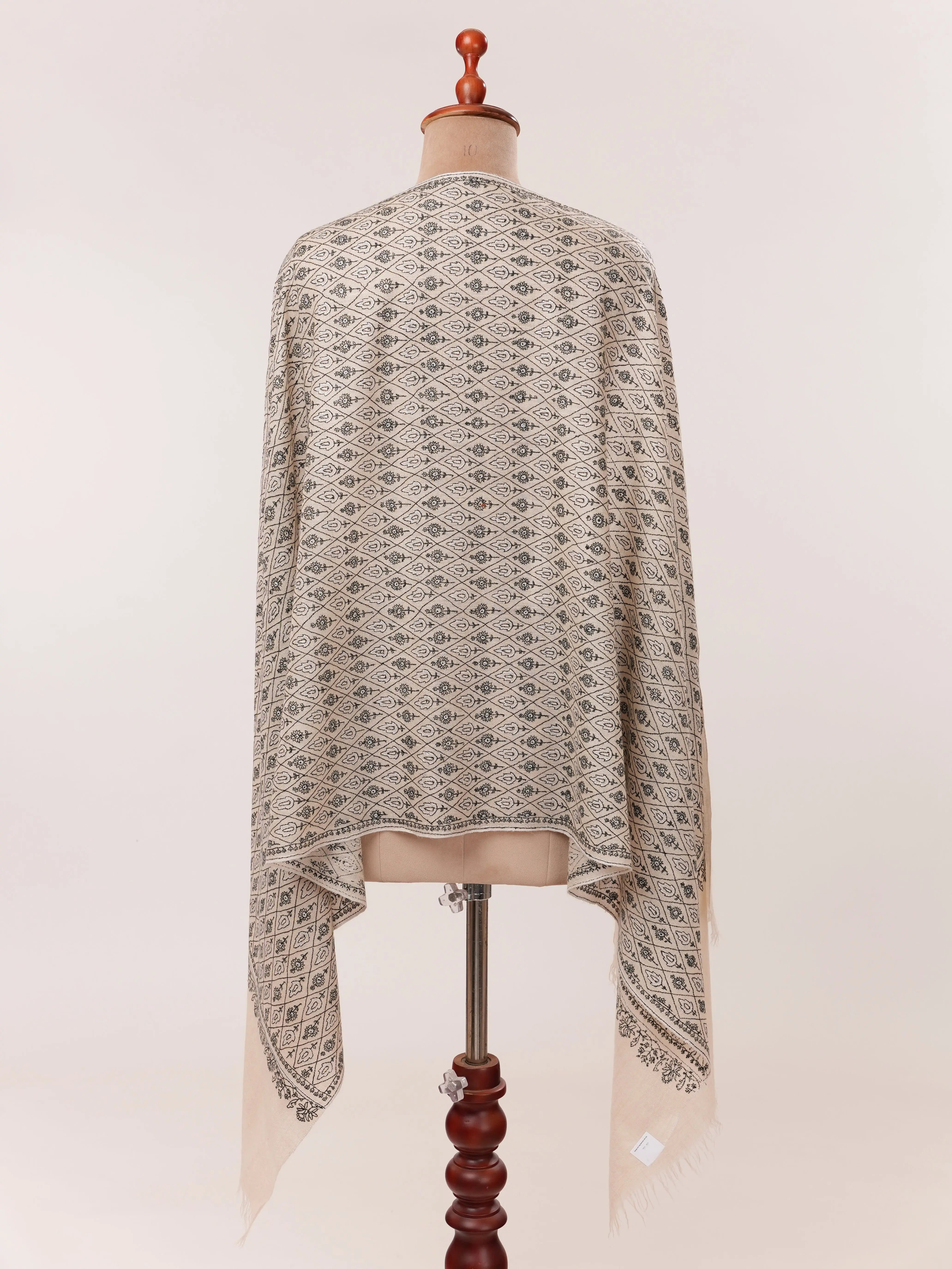 Natural Off White Hand Embroidered Cashmere Scarf with Black Embroidery Shahkaar.com