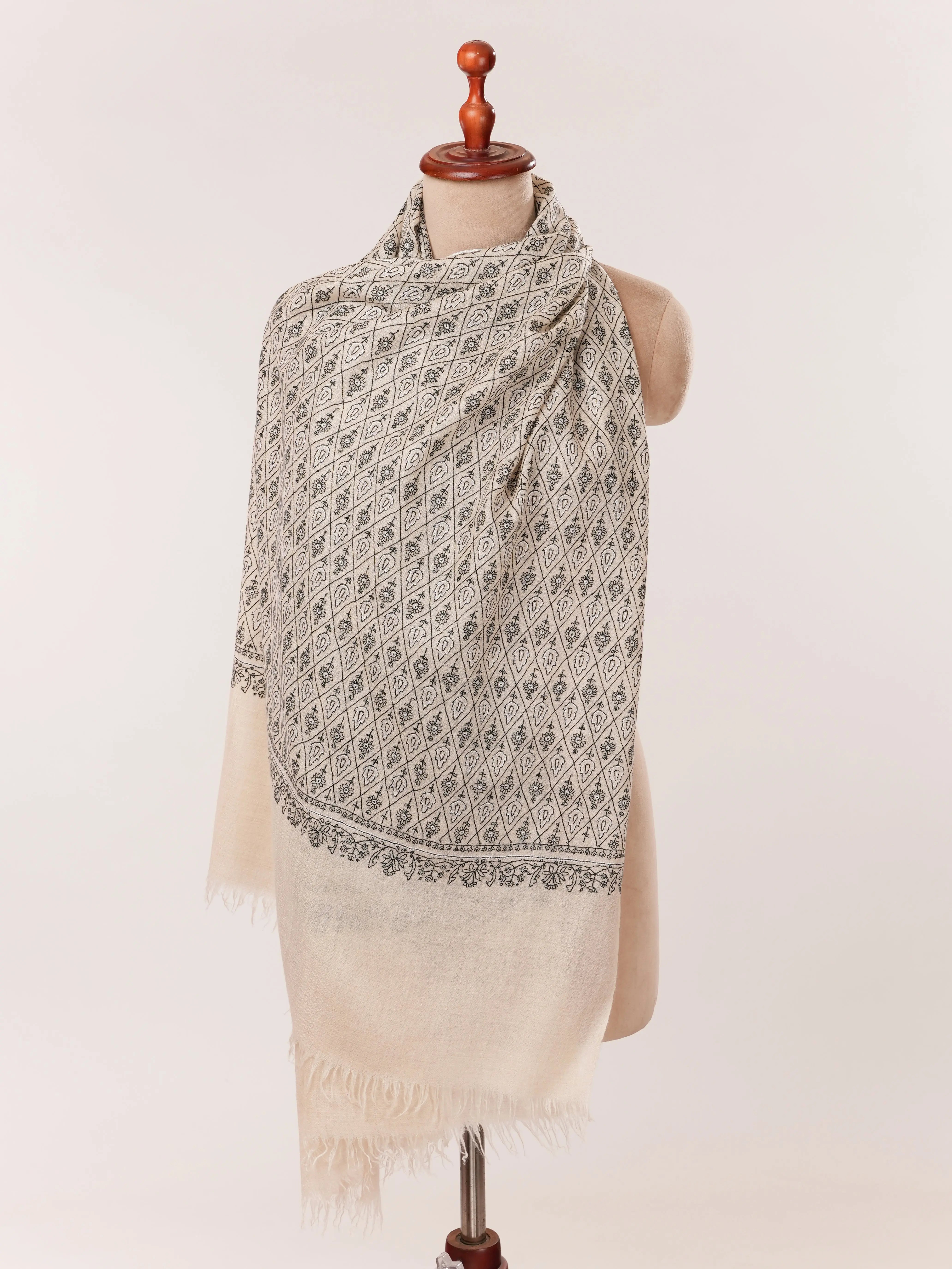 Natural Off White Hand Embroidered Cashmere Scarf with Black Embroidery Shahkaar.com