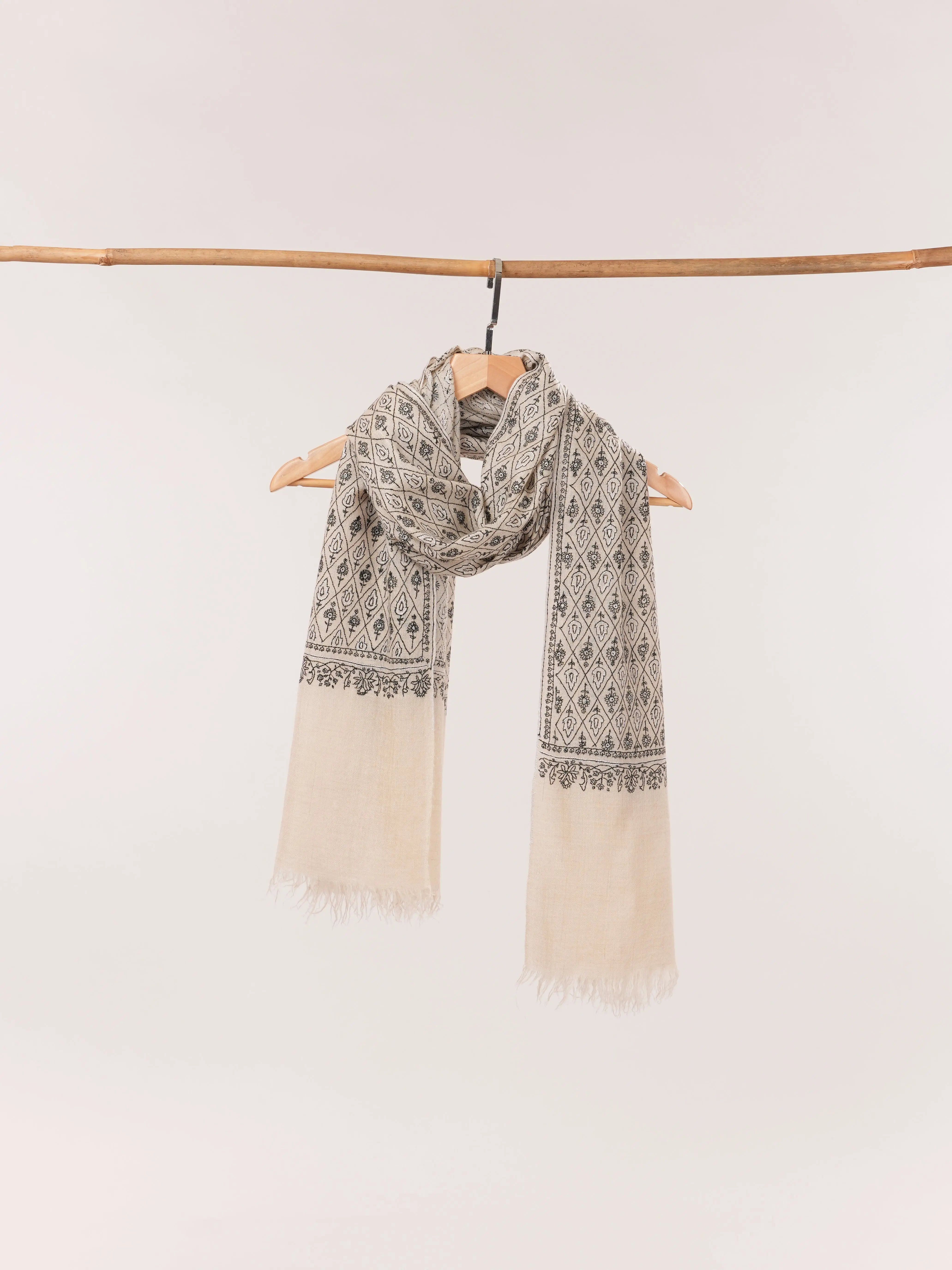 Natural Off White Hand Embroidered Cashmere Scarf with Black Embroidery Shahkaar.com
