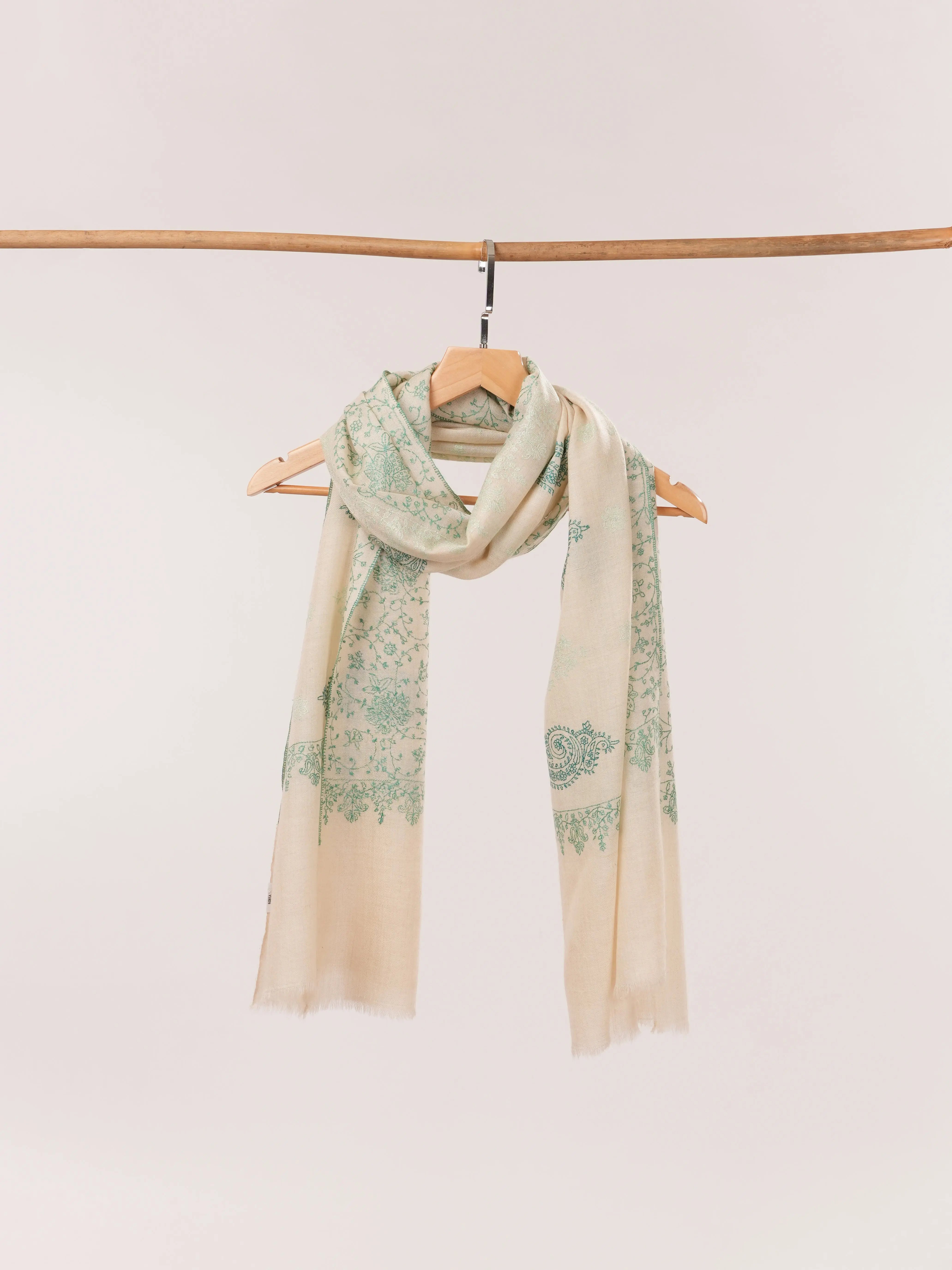 Natural Off White Cashmere Scarf with Green Hand Embroidery Shahkaar.com