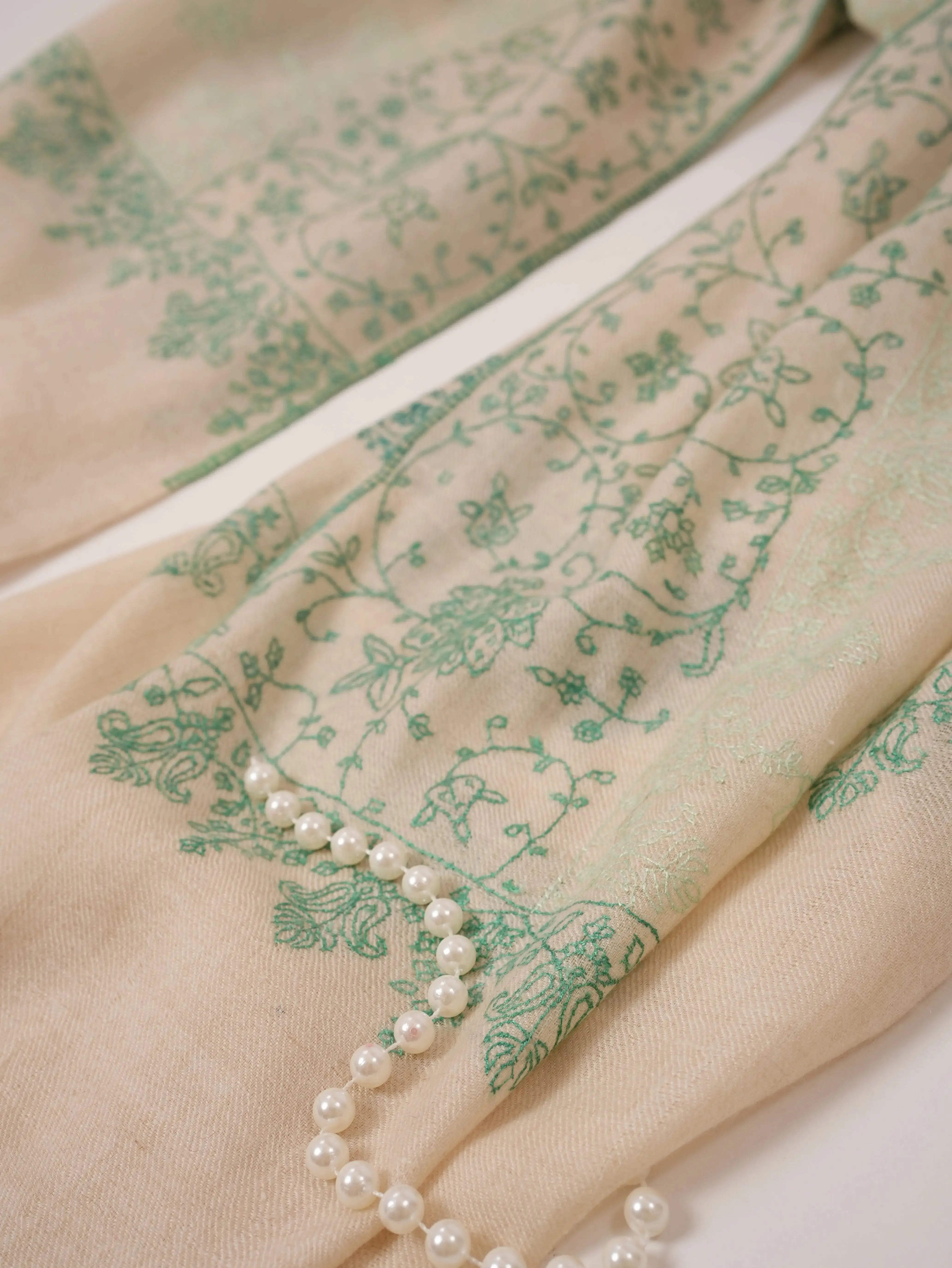 Natural Off White Cashmere Scarf with Green Hand Embroidery Shahkaar.com