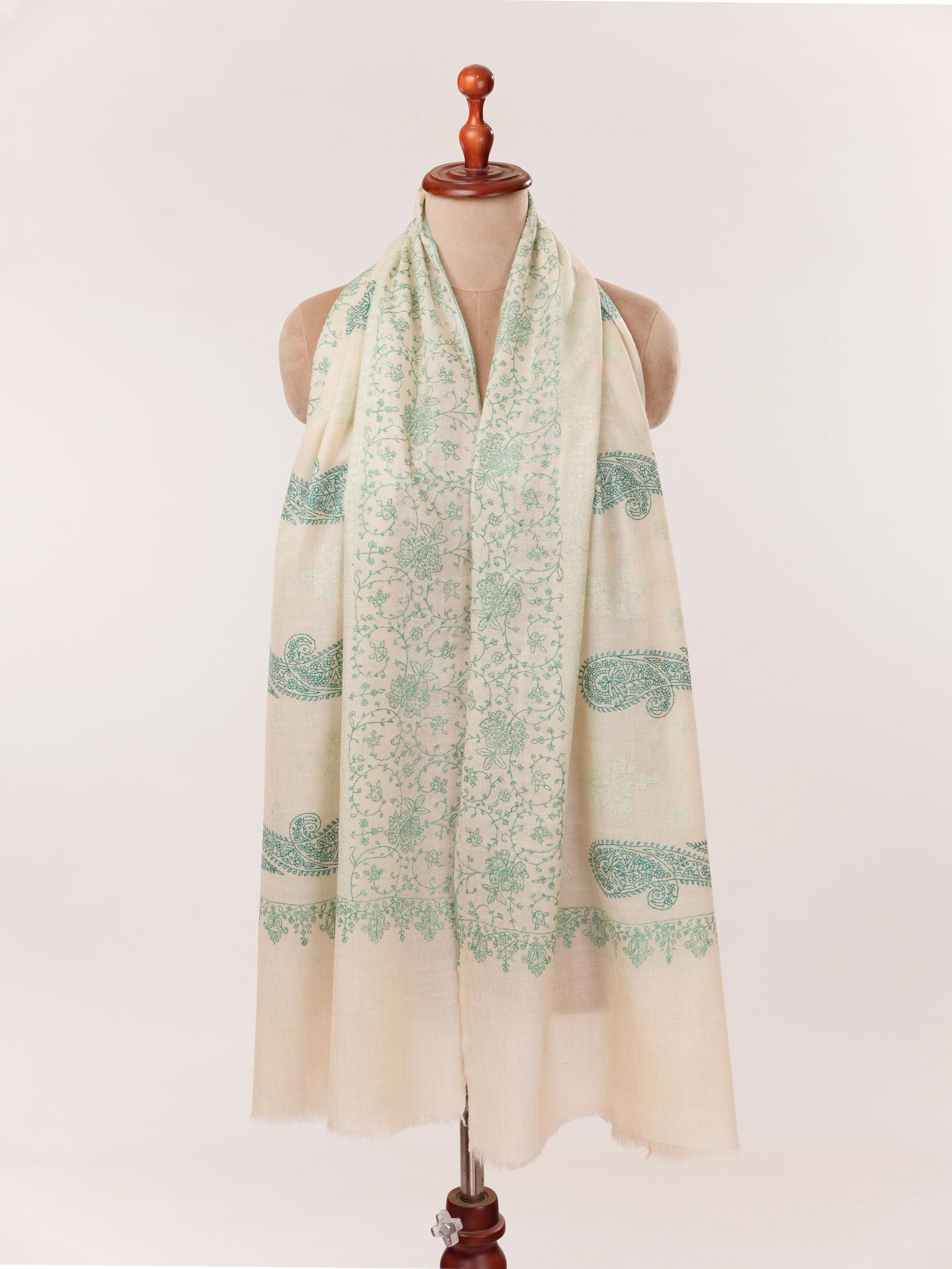 Natural Off White Cashmere Scarf with Green Hand Embroidery Shahkaar.com
