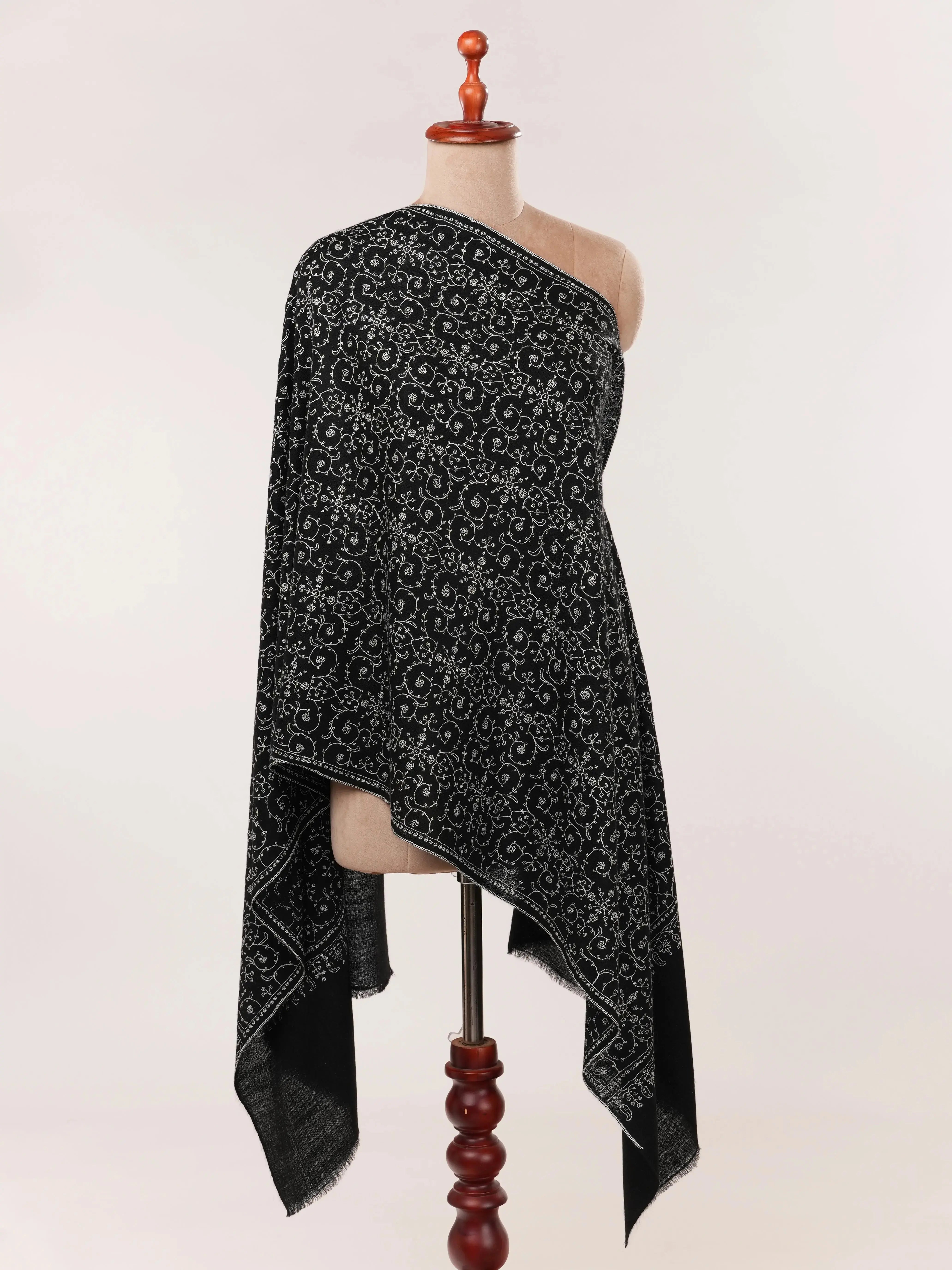 Black Handwoven Cashmere Scarf with All-Over Jali Embroidery Shahkaar.com