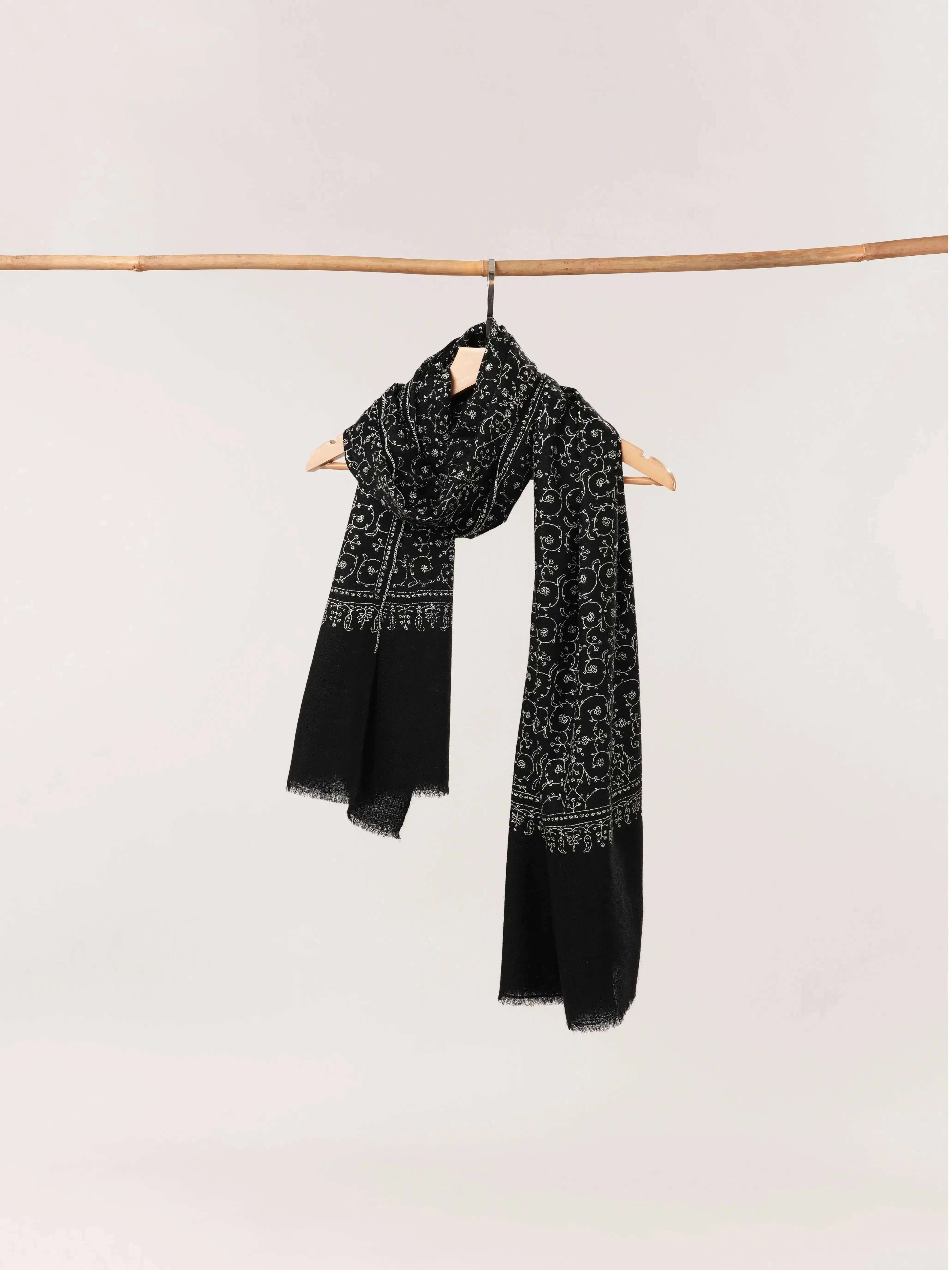 Black Handwoven Cashmere Scarf with All-Over Jali Embroidery Shahkaar.com
