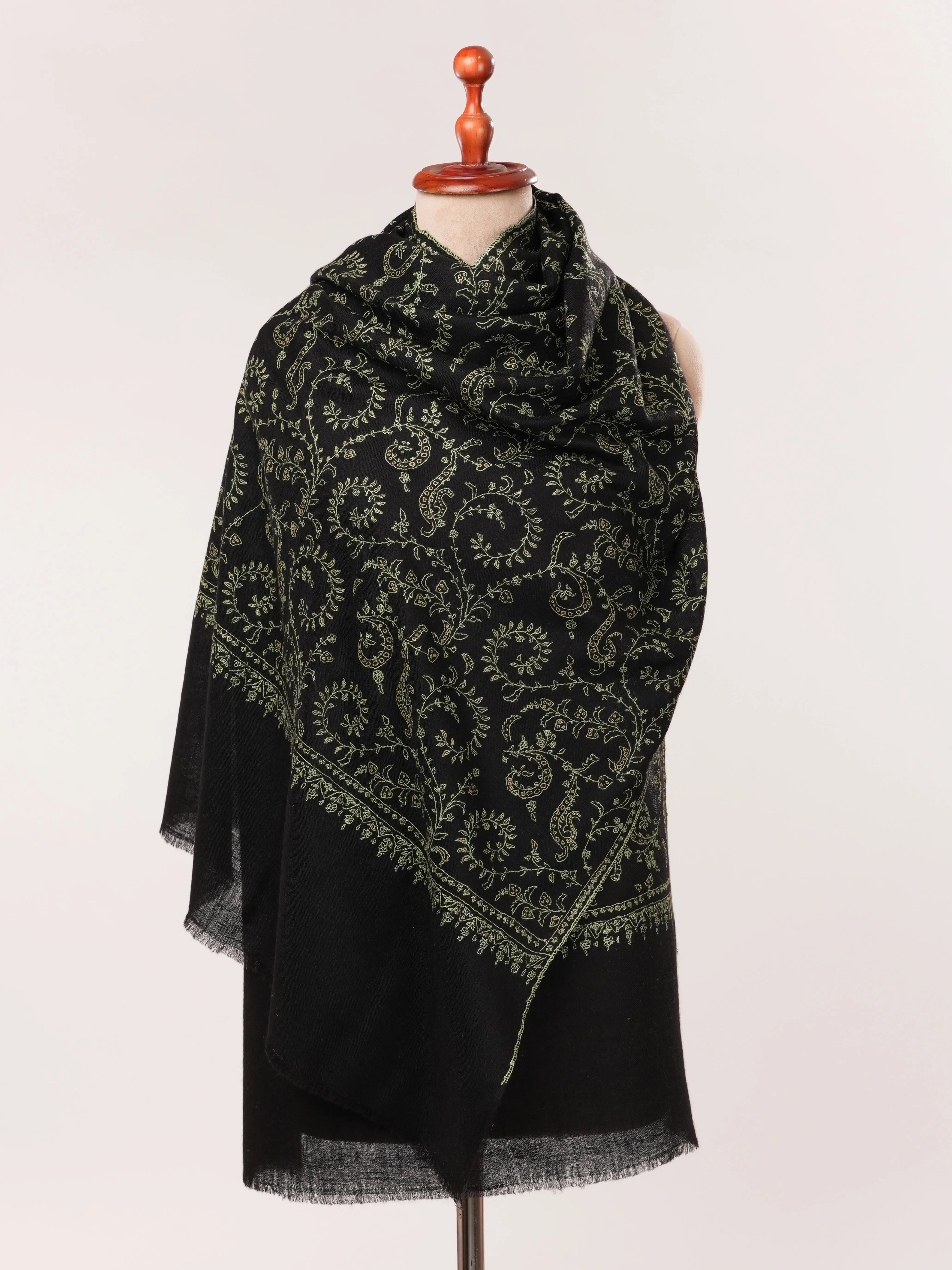 Black Cashmere Scarf with Hand Needlework Jali Embroidery Shahkaar.com