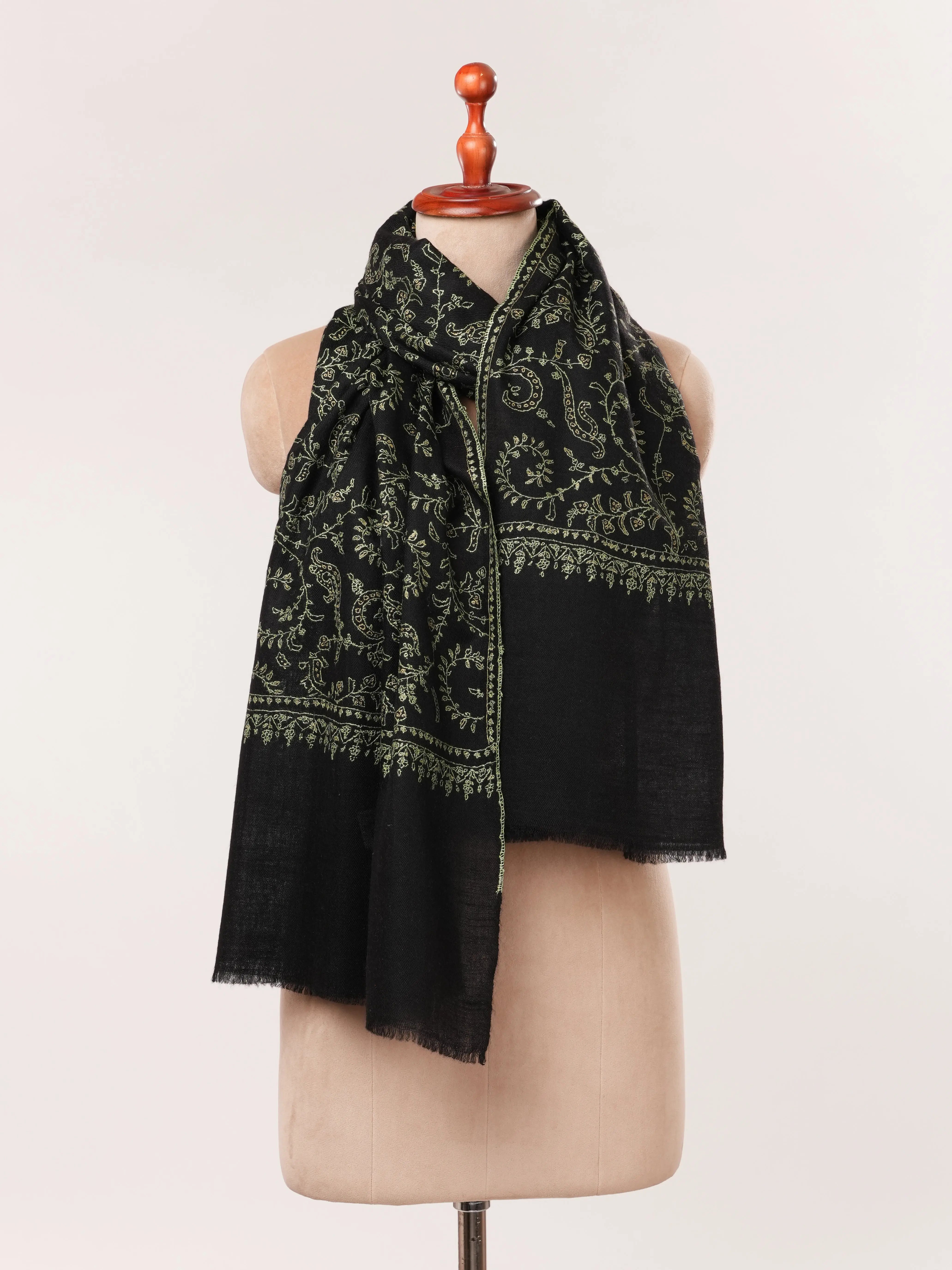 Black Cashmere Scarf with Hand Needlework Jali Embroidery Shahkaar.com