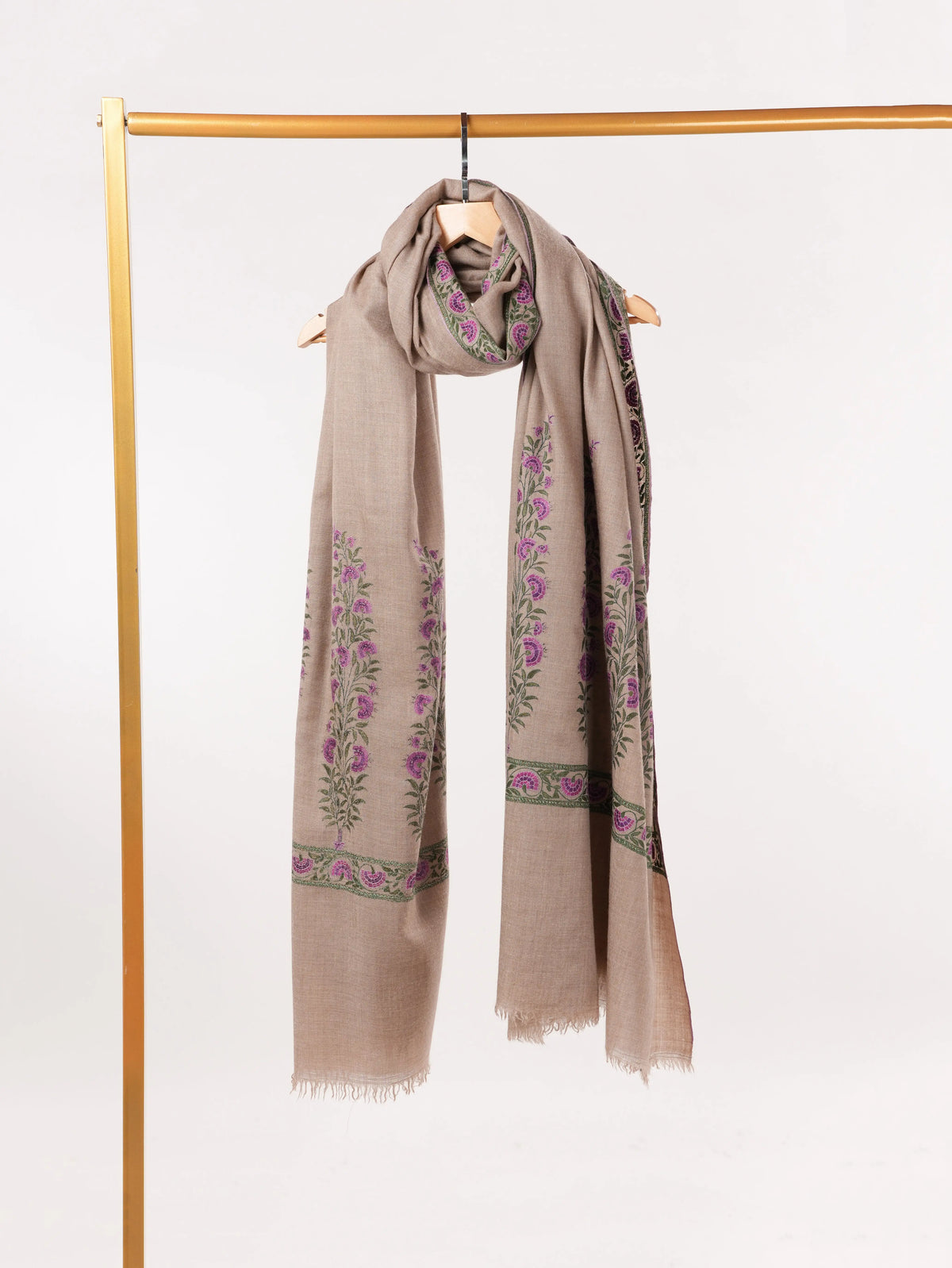 Taupe Handwoven Pashmina Shawl with Palldar Hand Sozni Embroidery