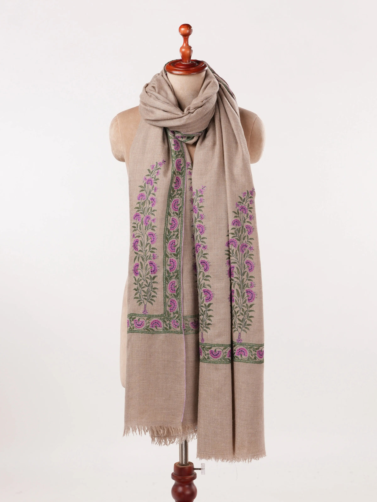 Taupe Handwoven Pashmina Shawl with Palldar Hand Sozni Embroidery