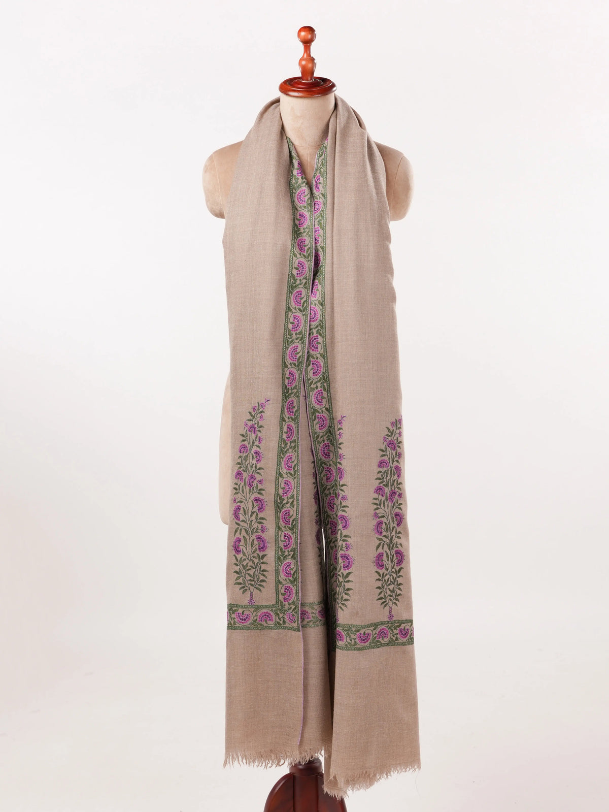 Taupe Handwoven Pashmina Shawl with Palldar Hand Sozni Embroidery