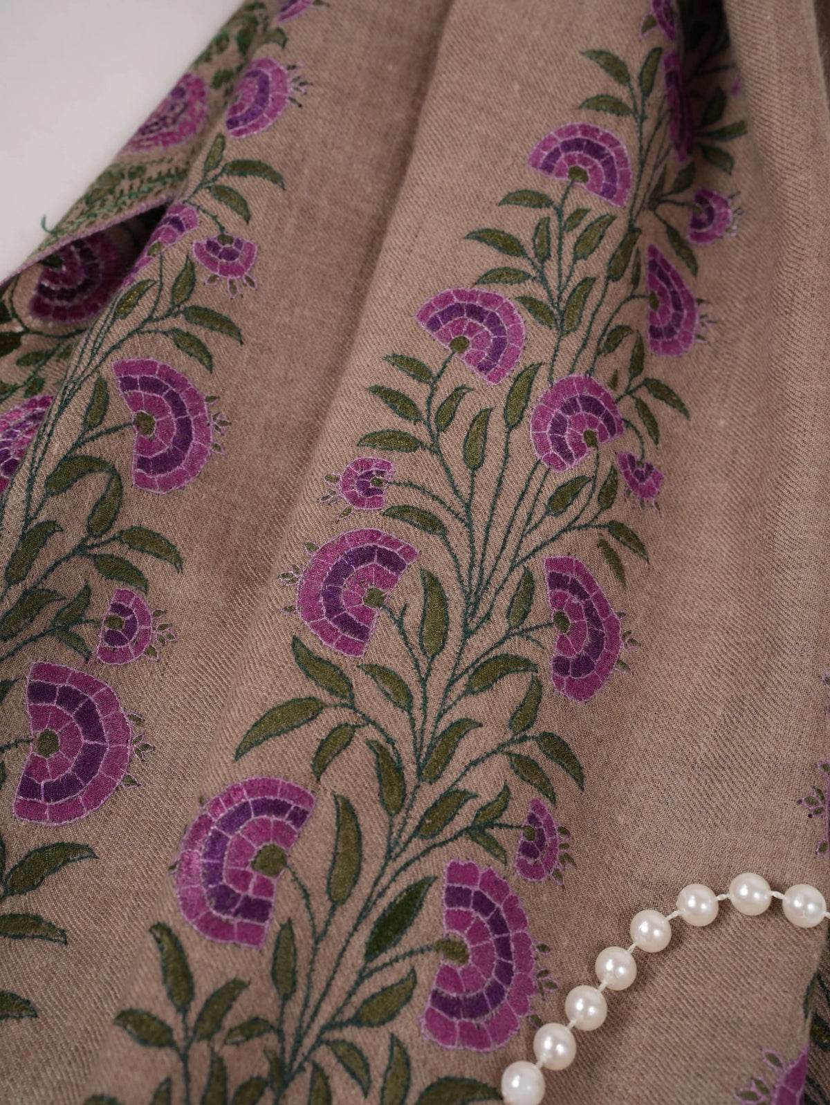 Taupe Handwoven Pashmina Shawl with Palldar Hand Sozni Embroidery
