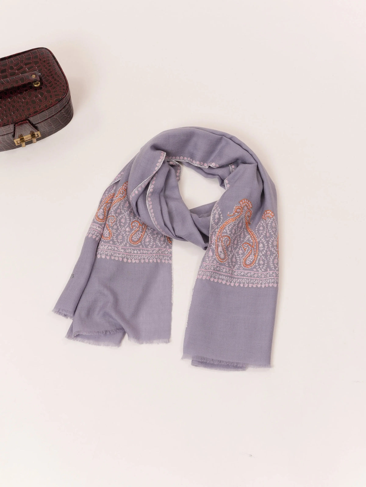 Baby Blue Cashmere Handwoven Scarf with Kashmiri Sozni Palldar Embroidery Shahkaar.com