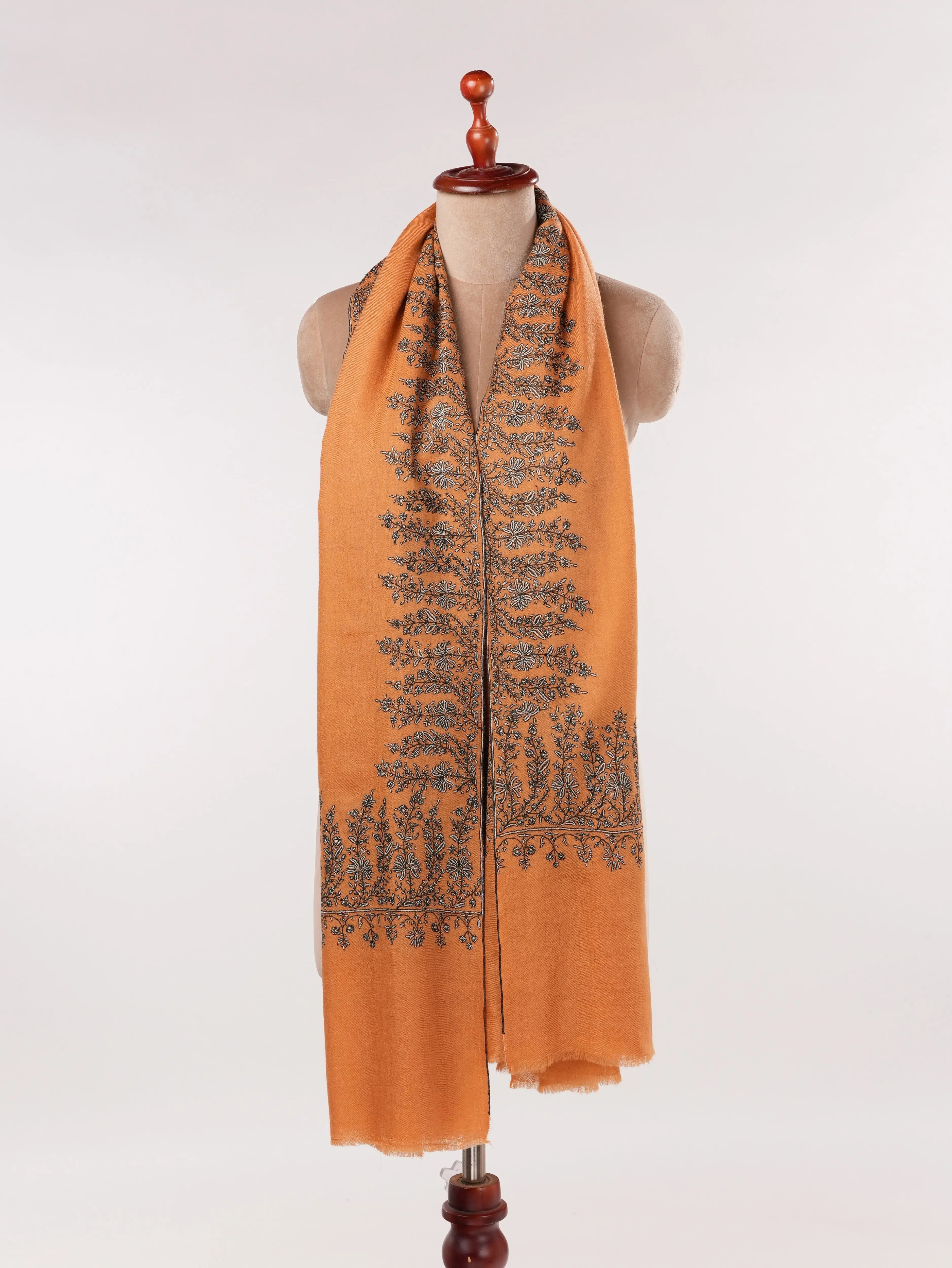 Kashmiri Shawl with Daurdar Hand Sozni Embroidery on Handwoven Burnt Orange Pashmina Shahkaar.com