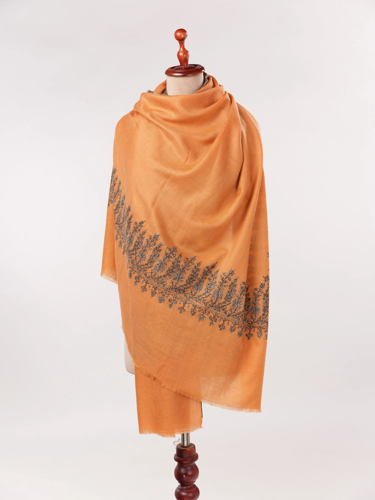 Kashmiri Shawl with Daurdar Hand Sozni Embroidery on Handwoven Burnt Orange Pashmina Shahkaar.com