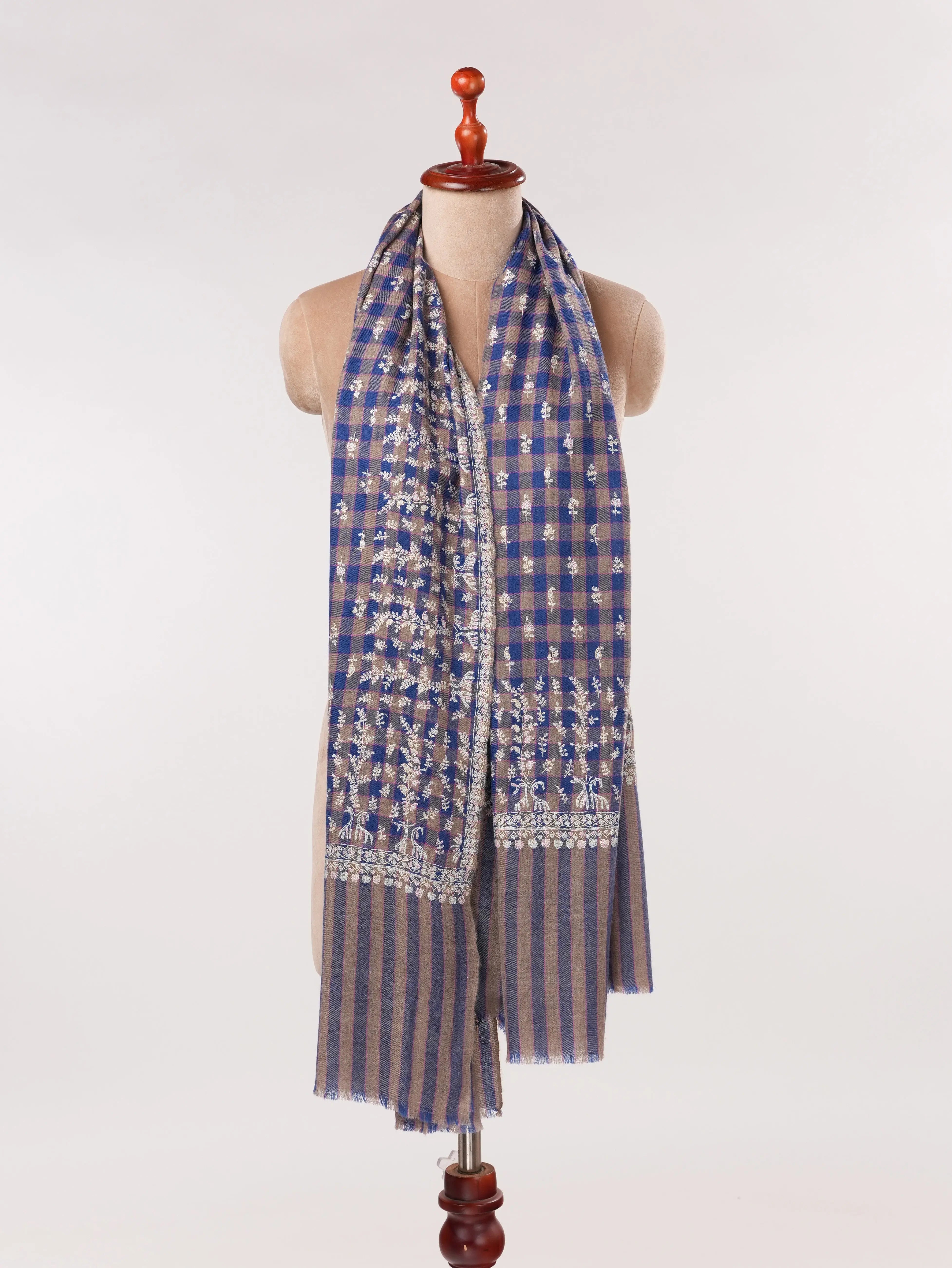 Handwoven Check Shawl Pure Pashmina with Hand Buteh Embroidery Shahkaar.com