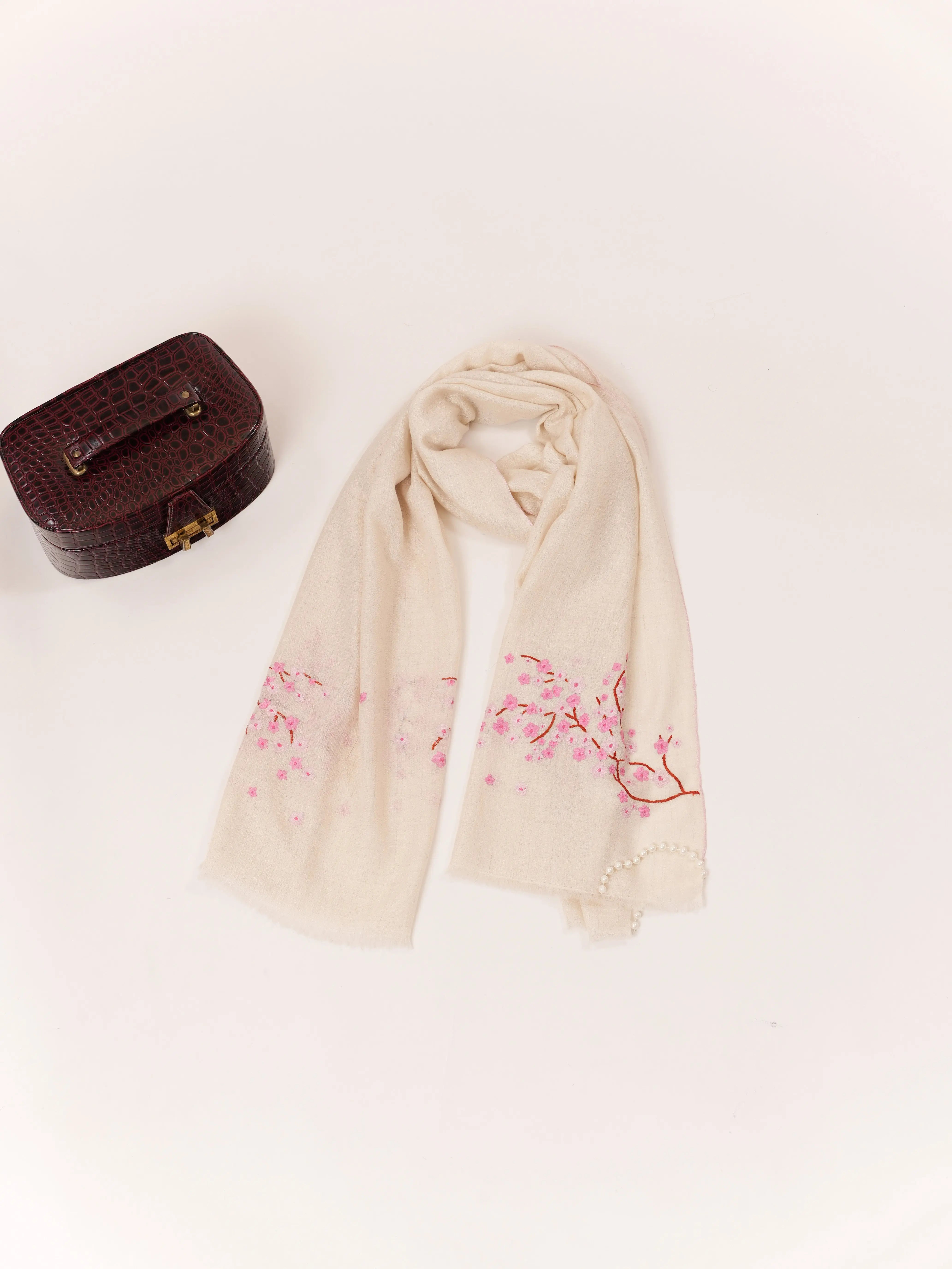 Handwoven Kashmiri Natural White Almond Bloom Cashmere Scarf with Sozni Handwork Shahkaar.com