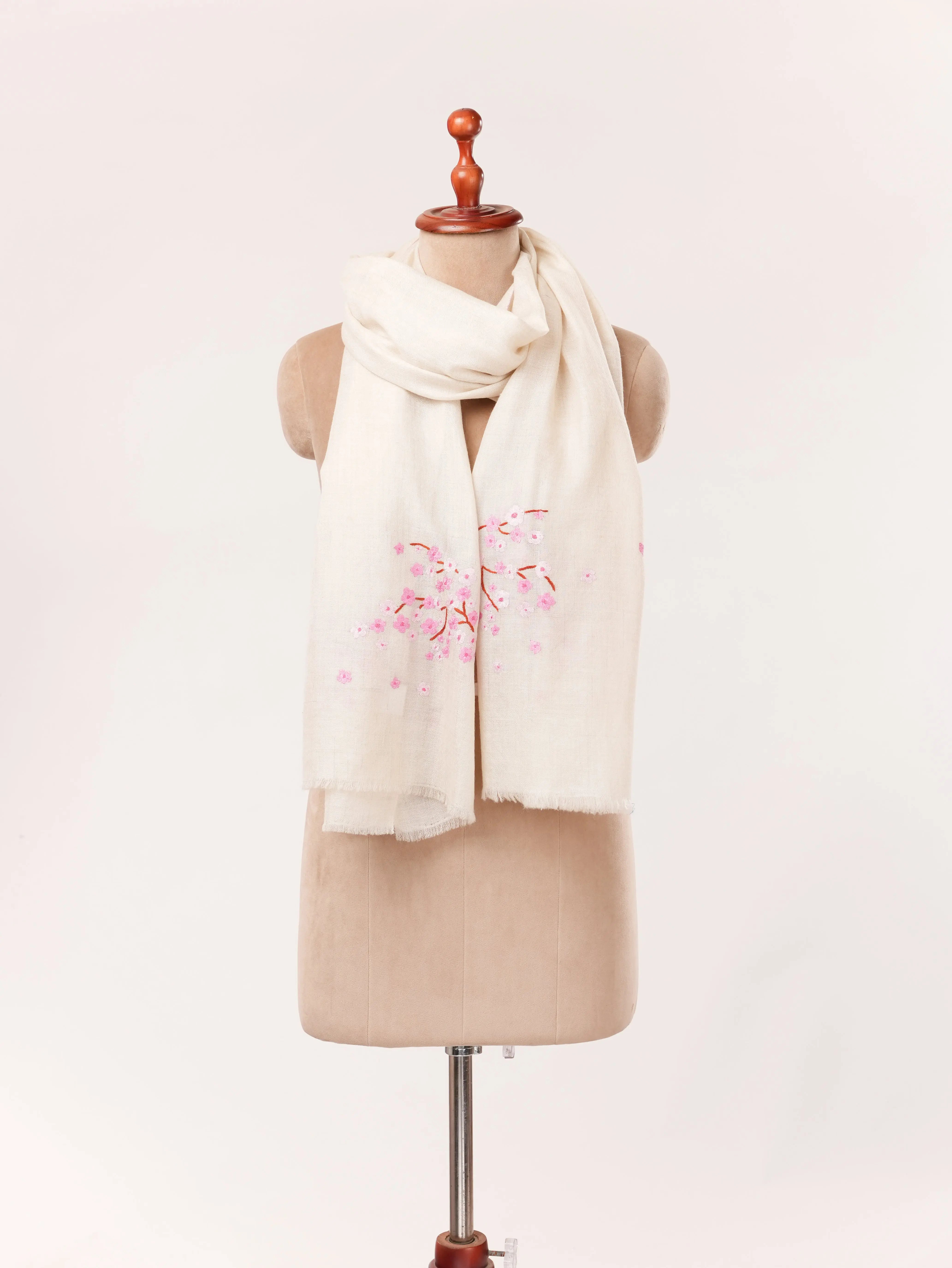 Handwoven Kashmiri Natural White Almond Bloom Cashmere Scarf with Sozni Handwork Shahkaar.com