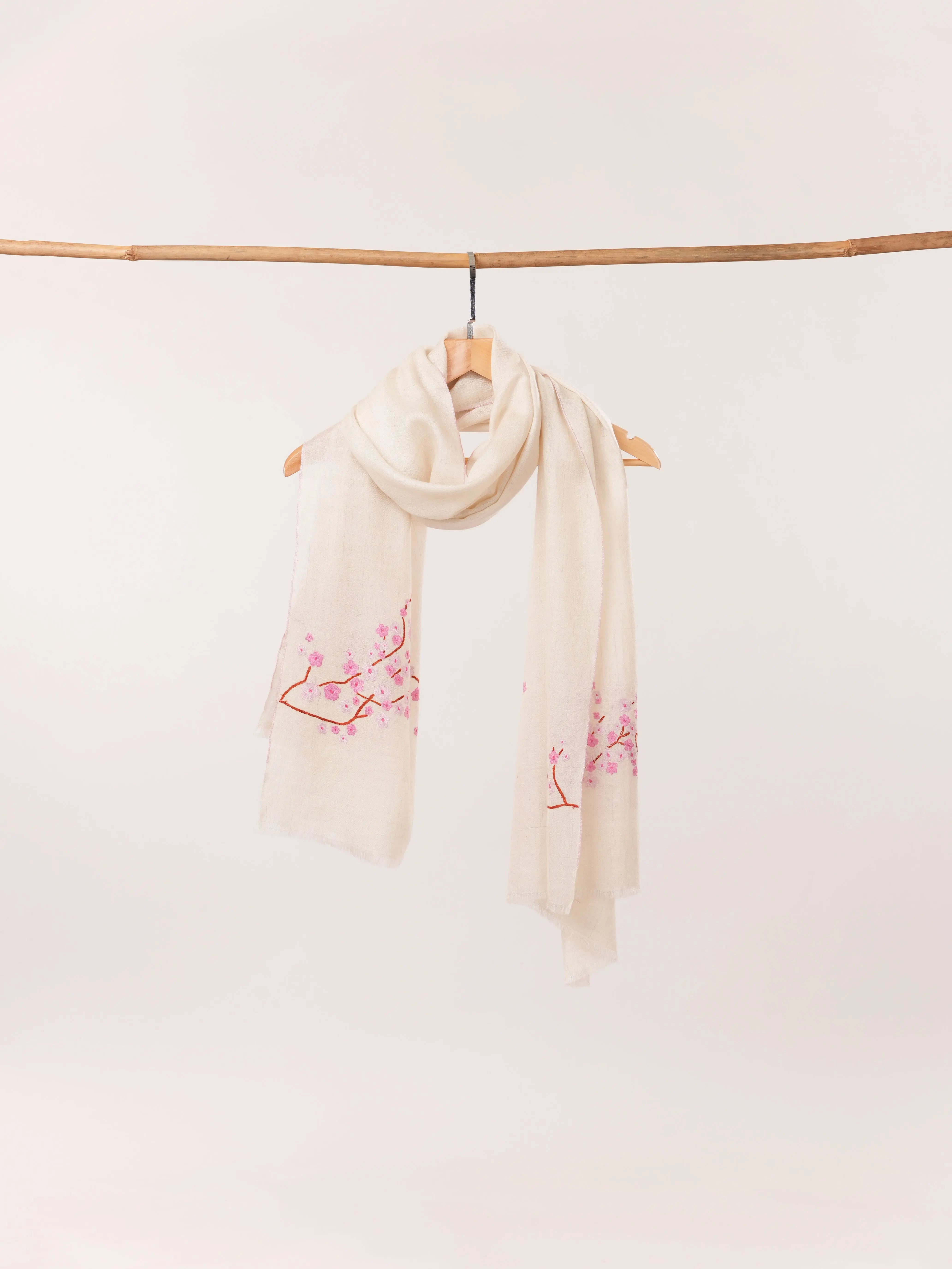 Handwoven Kashmiri Natural White Almond Bloom Cashmere Scarf with Sozni Handwork Shahkaar.com