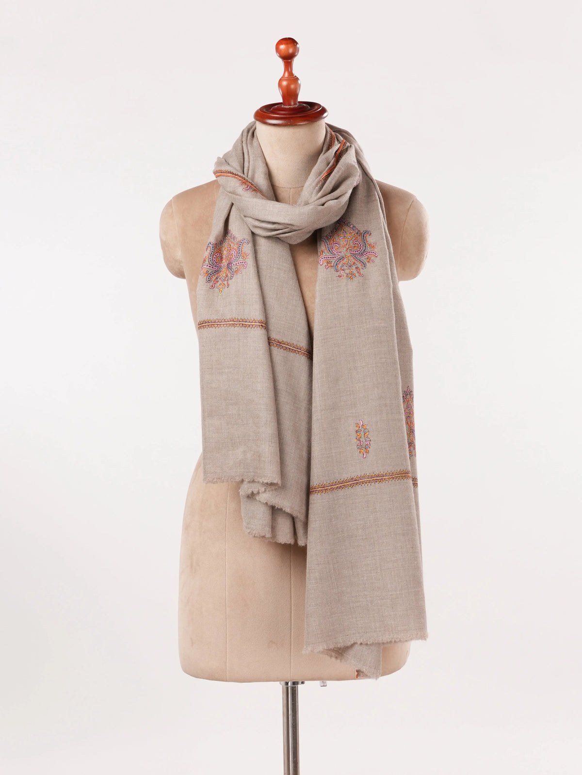 Hand Buteh Embroidered Handwoven Natural Taupe Pashmina Shawl