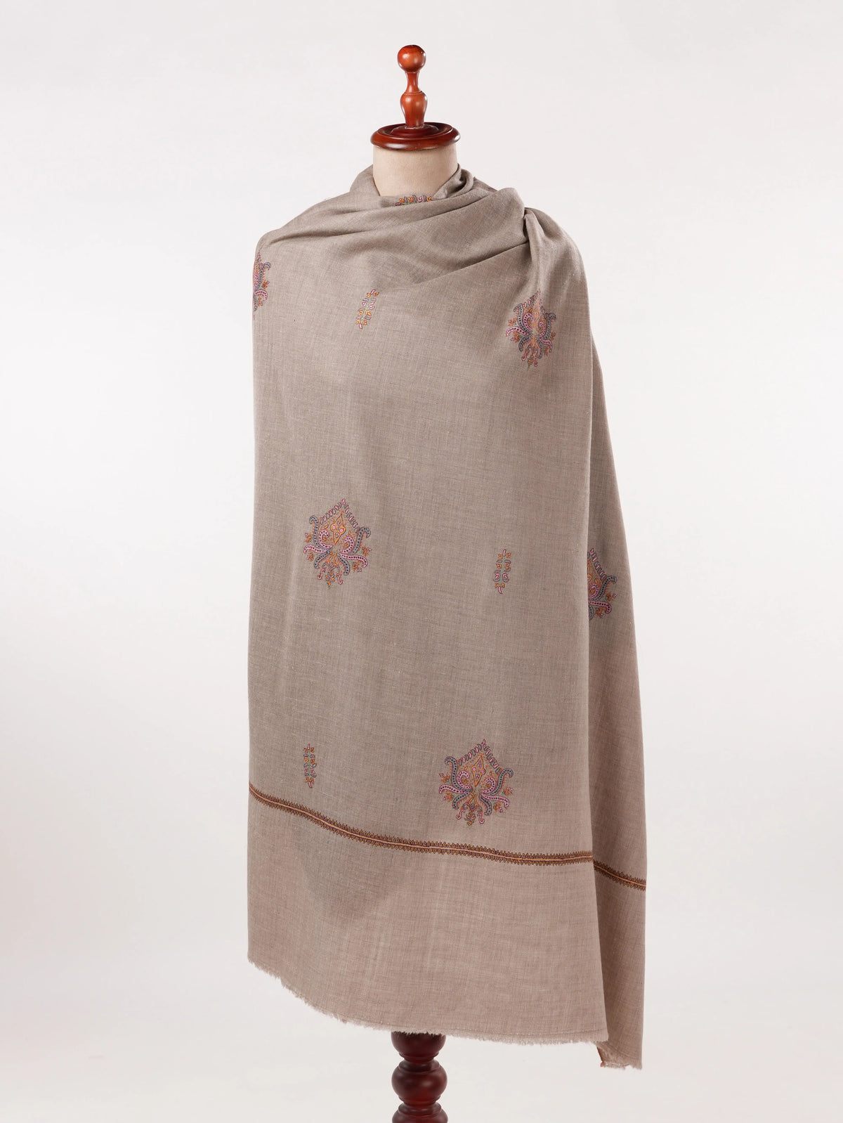 Hand Buteh Embroidered Handwoven Natural Taupe Pashmina Shawl
