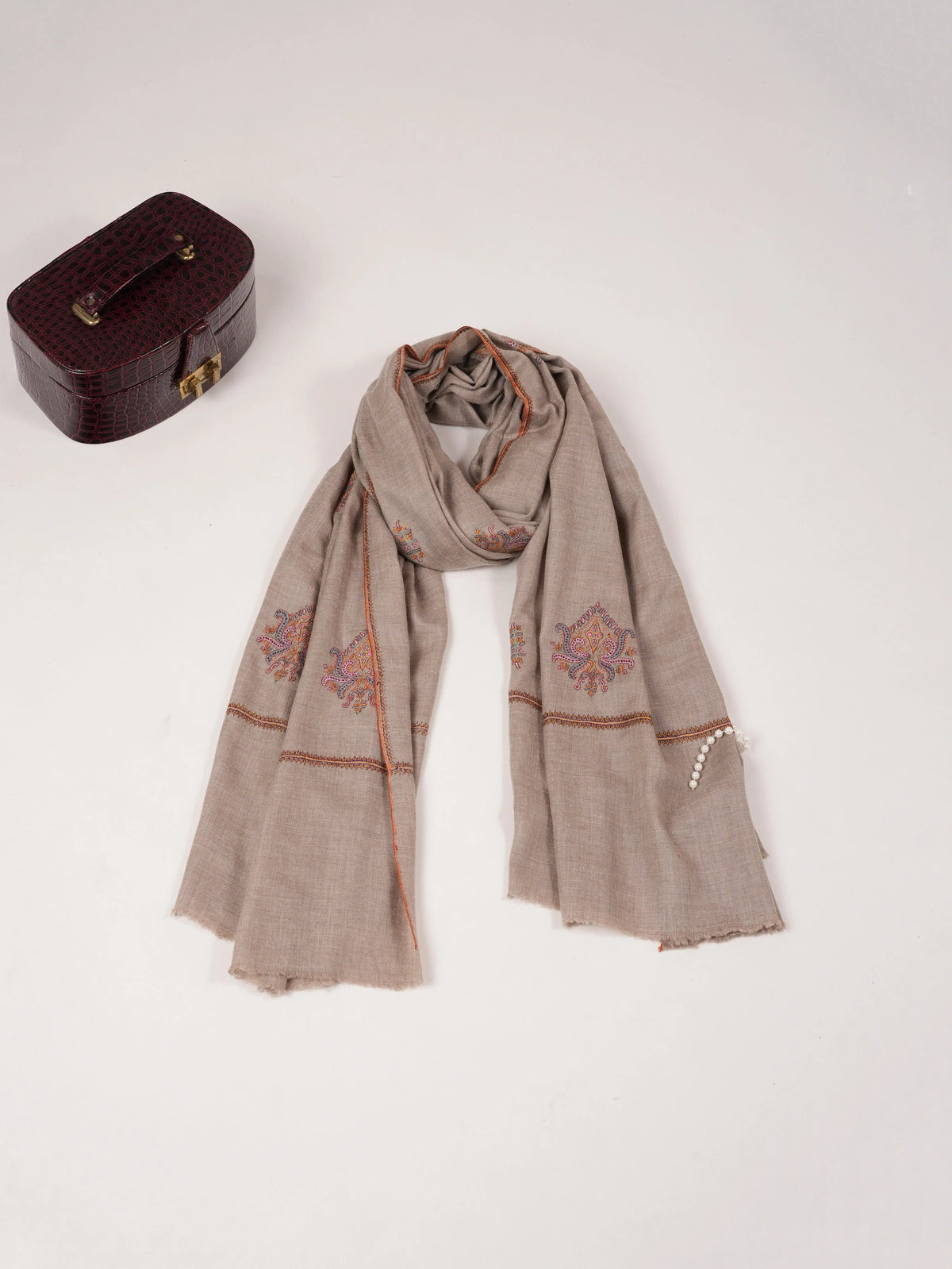 Hand Buteh Embroidered Handwoven Natural Taupe Pashmina Shawl