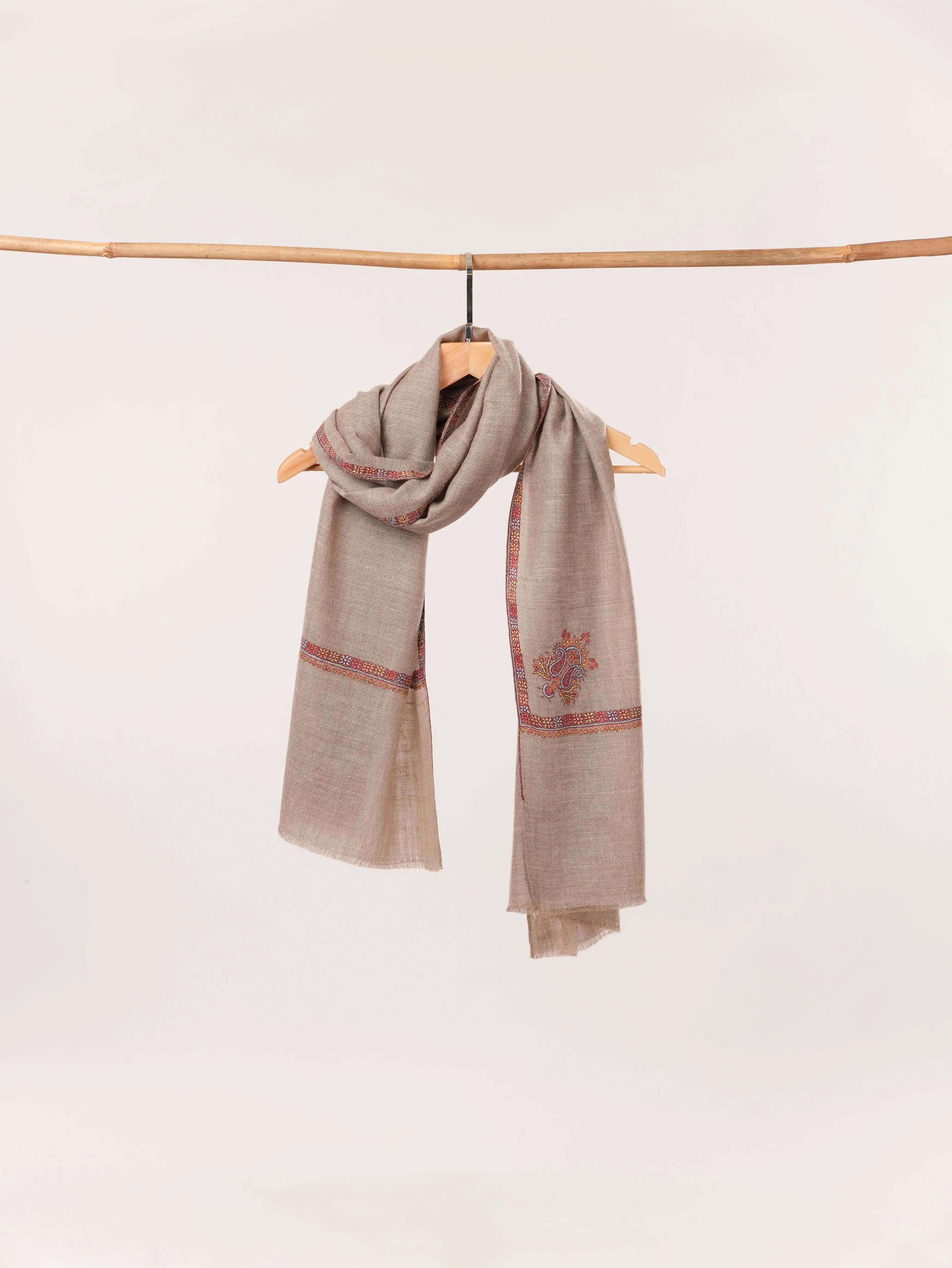 Handwoven Taupe Cashmere Scarf with Kashmiri Hand Sozni Embroidery Shahkaar.com