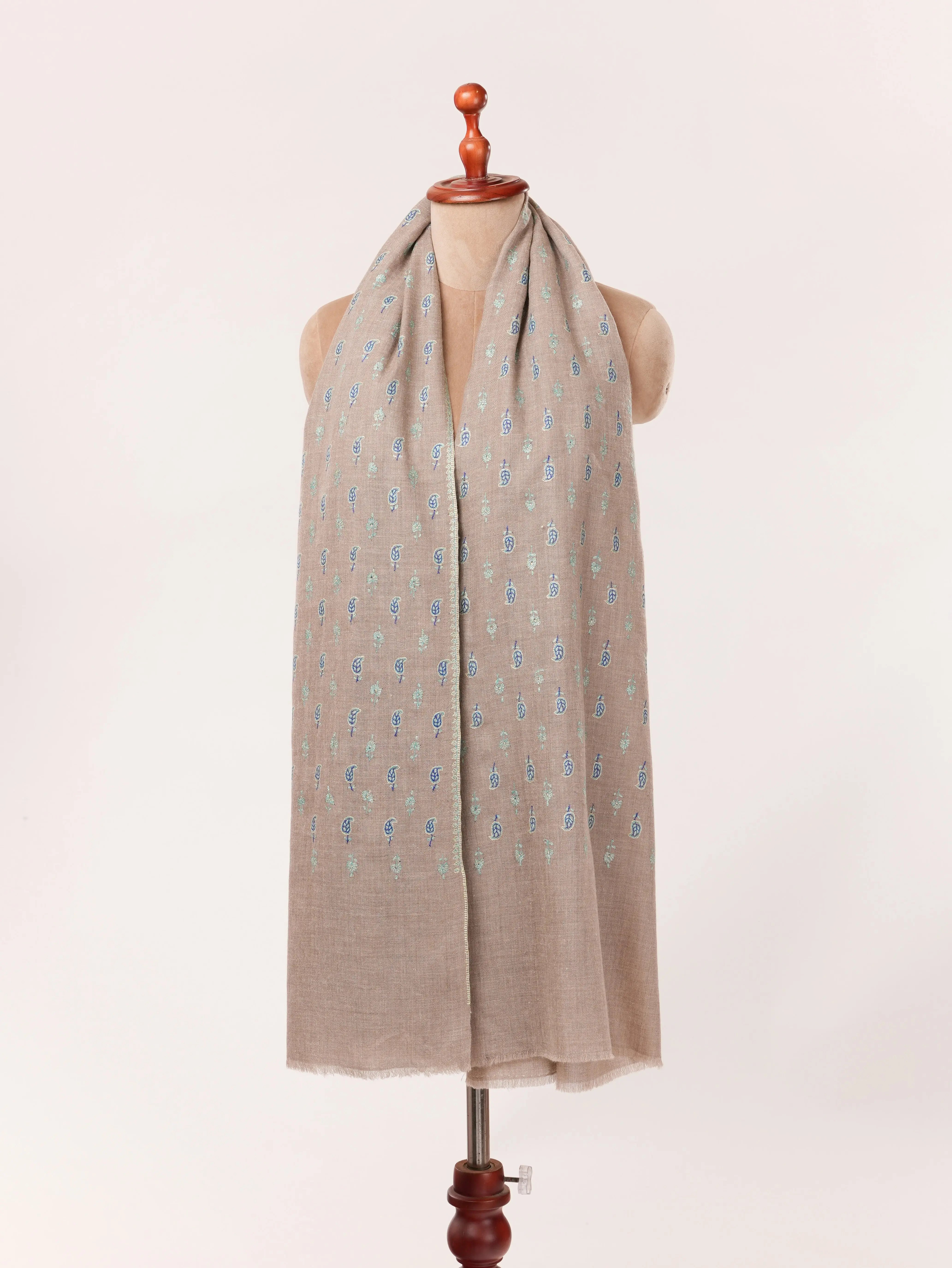 Kashmiri Handwoven Pashmina Shawl in Natural Taupe with Buteh Hand Sozni Embroidery Shahkaar.com