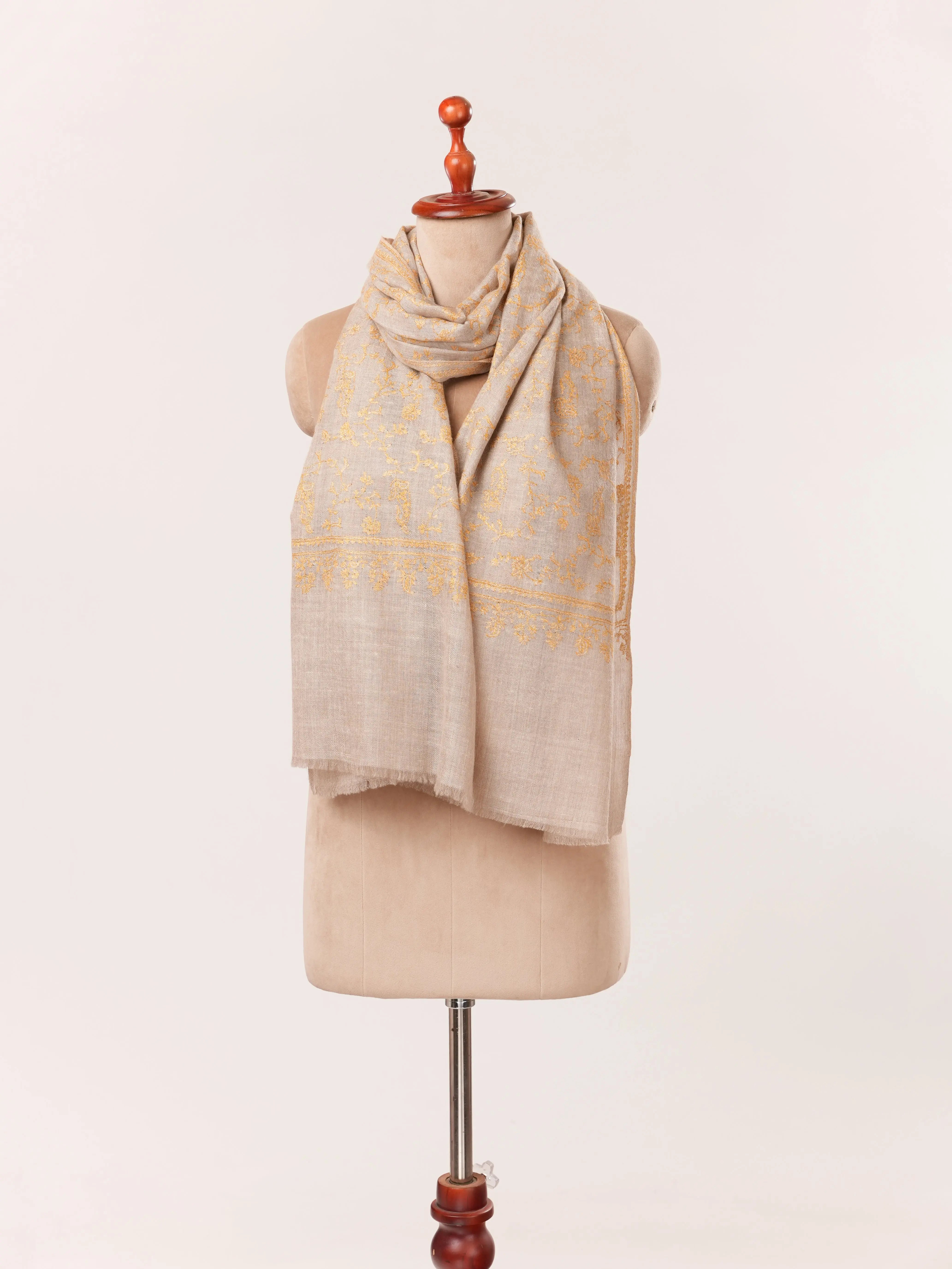 Jali Hand Sozni Embroidery Natural Taupe Kashmiri Cashmere Scarf Shahkaar.com