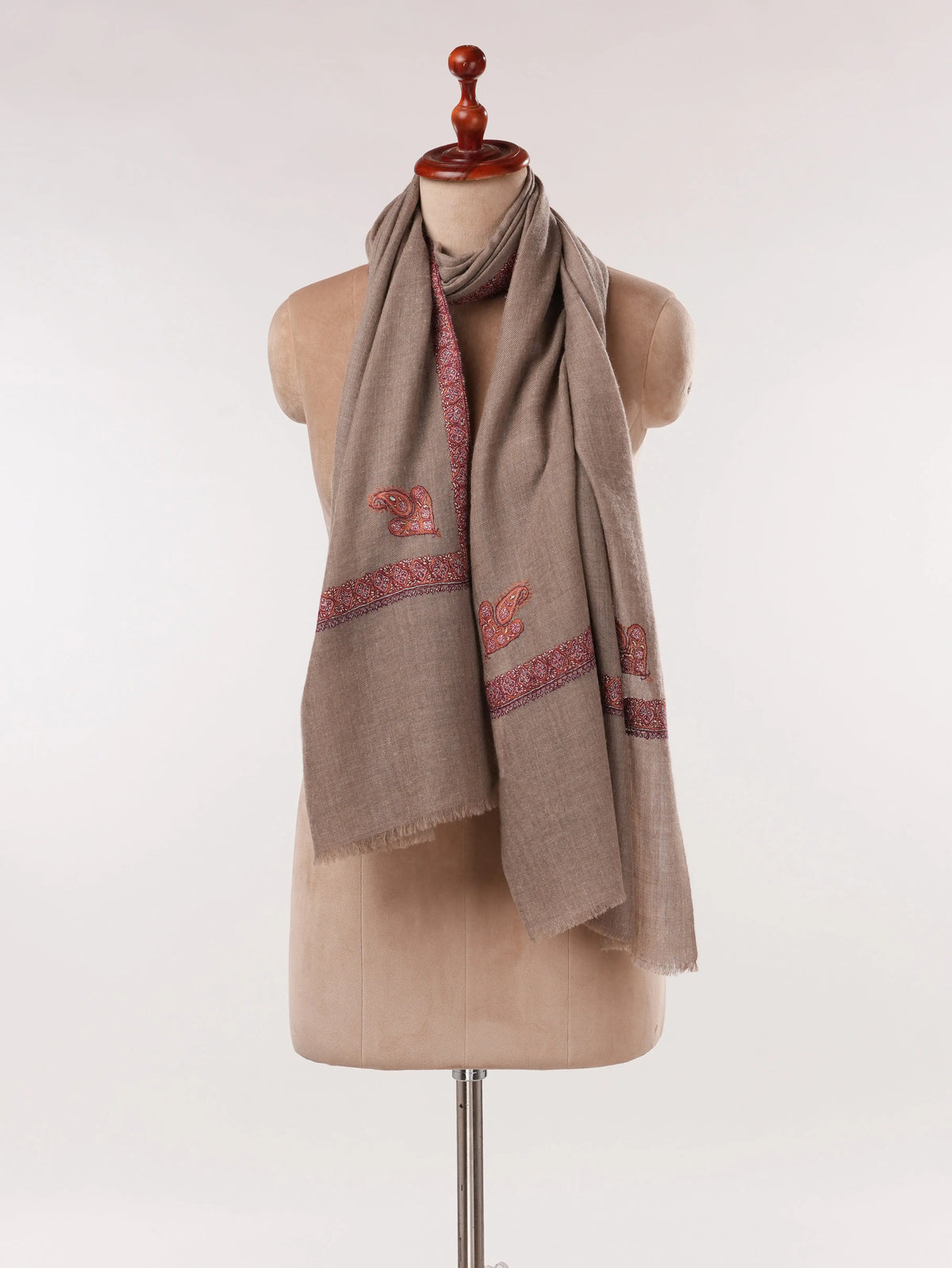 Beige Handwoven Soft Cashmere Scarf with Hashia Sozni Embroidery Shahkaar.com