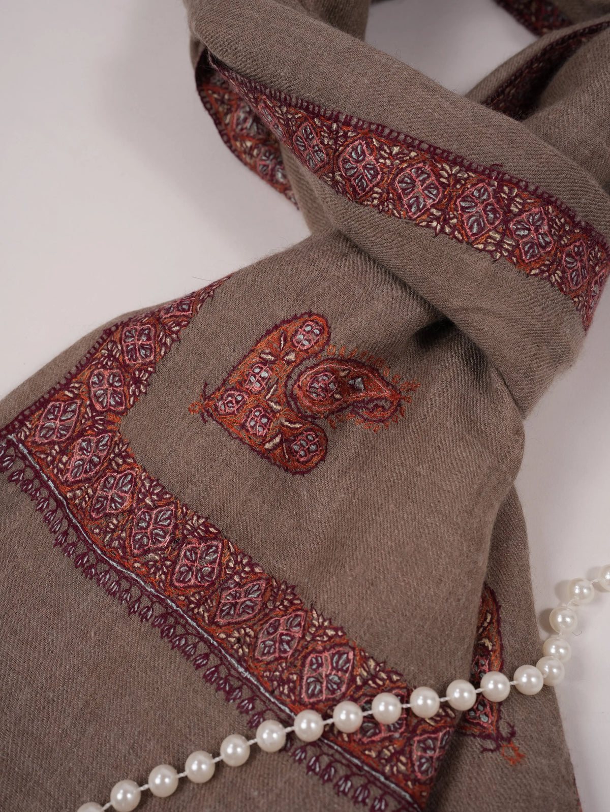 Beige Handwoven Soft Cashmere Scarf with Hashia Sozni Embroidery Shahkaar.com