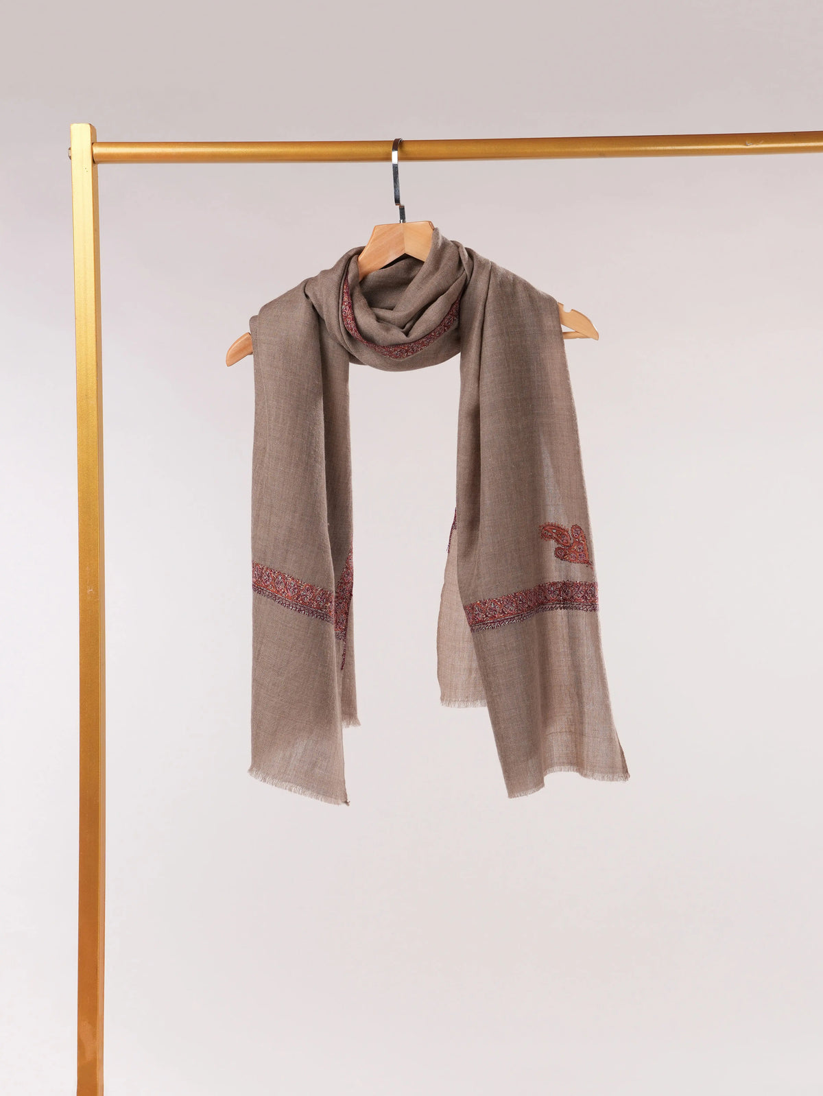 Beige Handwoven Soft Cashmere Scarf with Hashia Sozni Embroidery Shahkaar.com