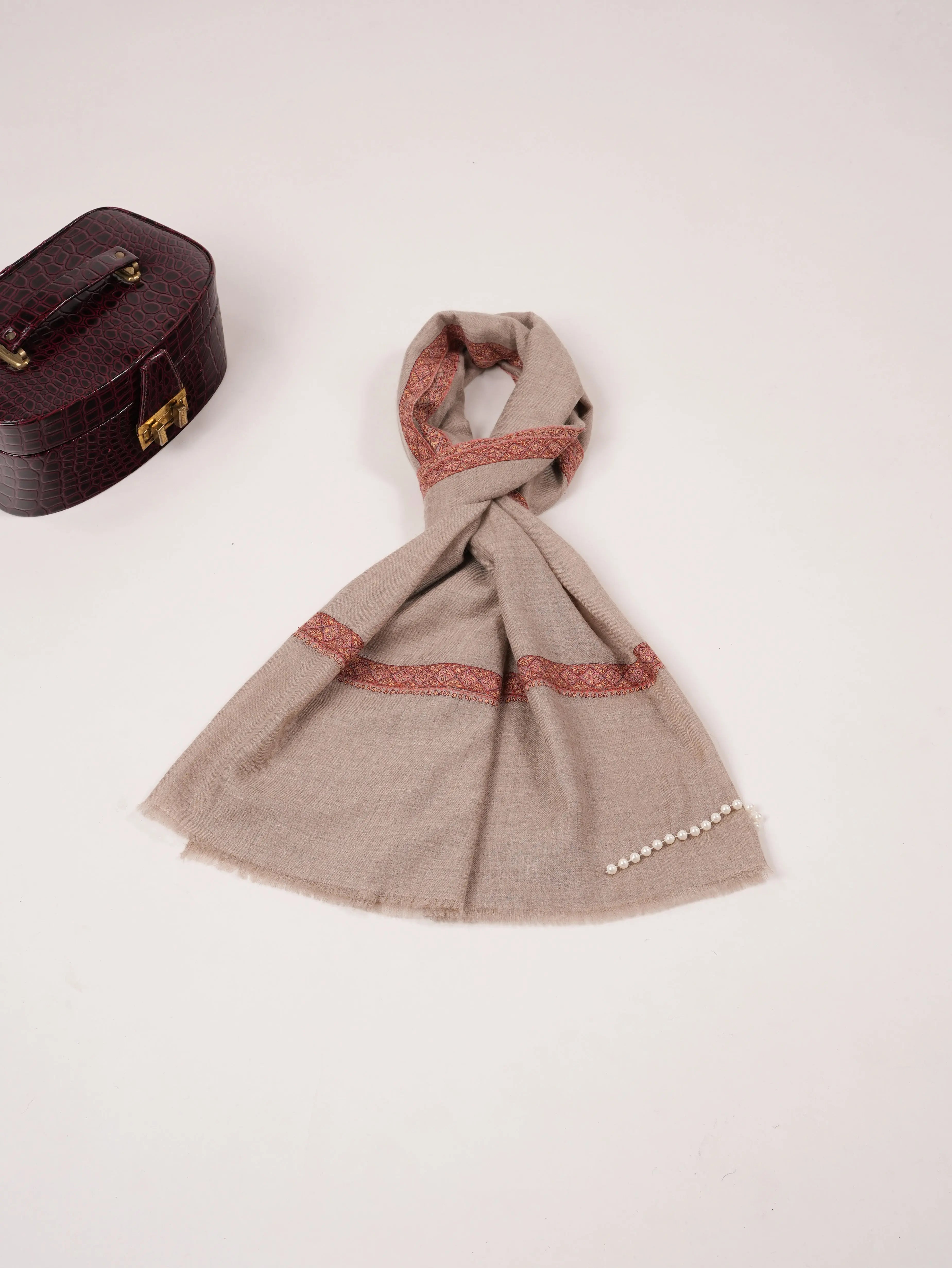Natural Taupe Featherlight Cashmere Scarf with Classic Hand Embroidery Shahkaar.com