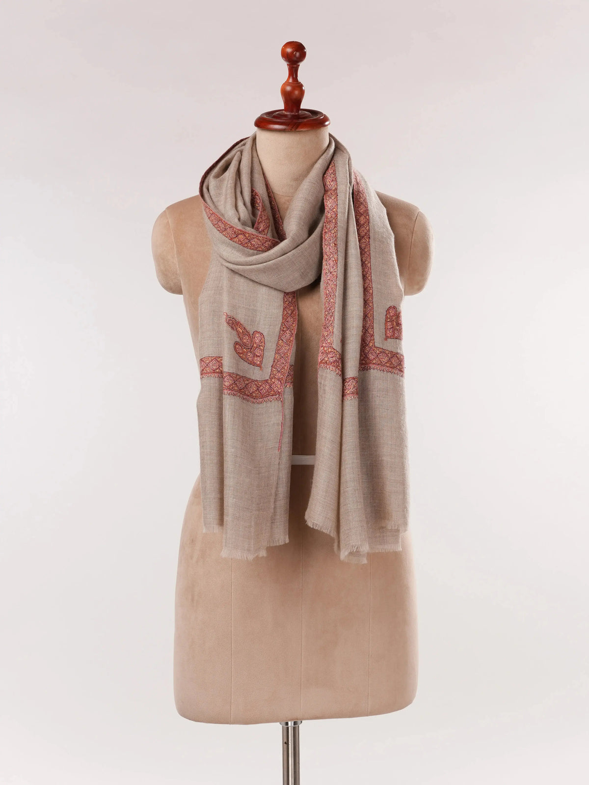 Natural Taupe Featherlight Cashmere Scarf with Classic Hand Embroidery Shahkaar.com