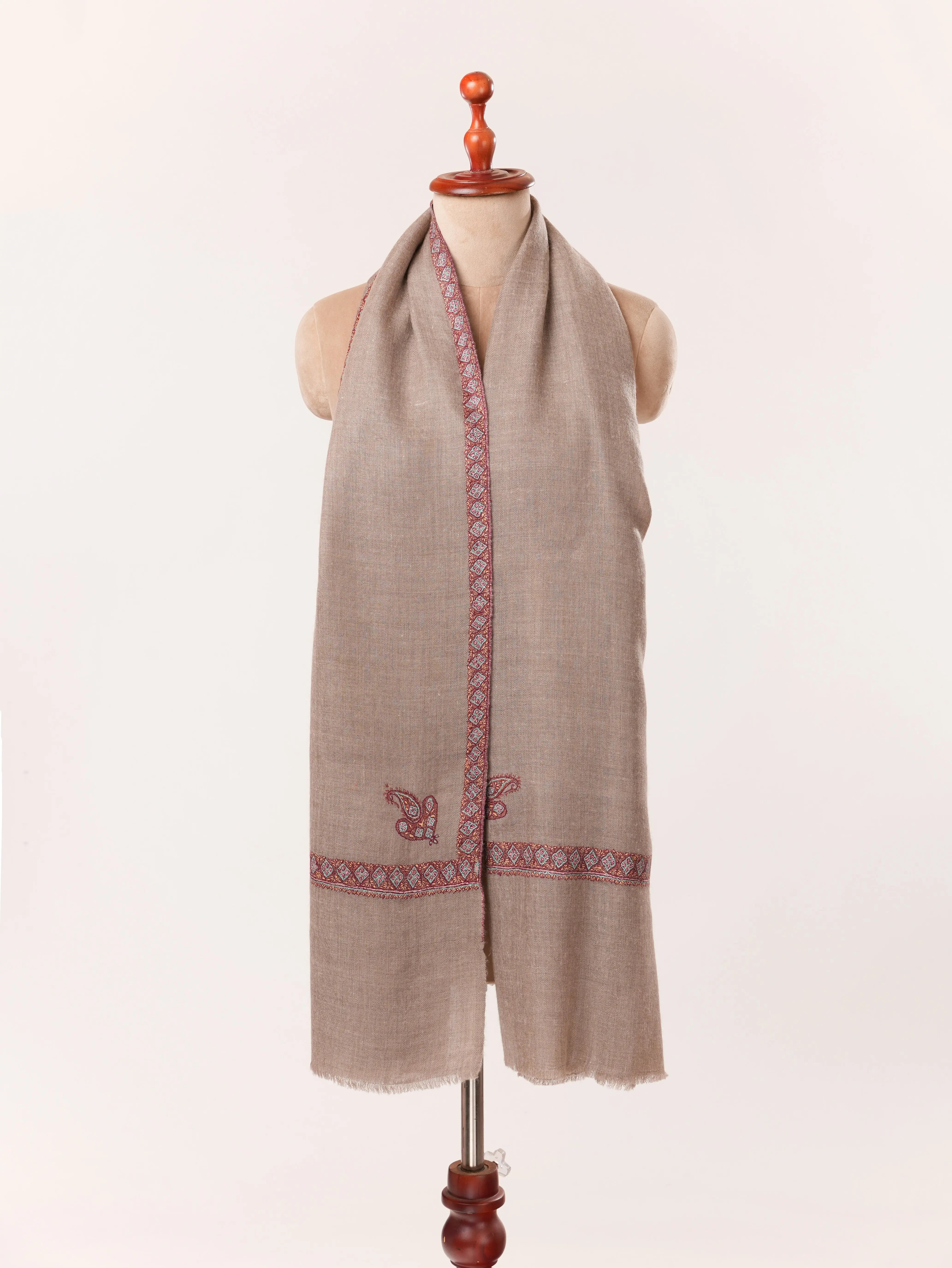Hashia Sozni Embroidered Natural Taupe Handwoven Kashmiri Cashmere Scarf Shahkaar.com